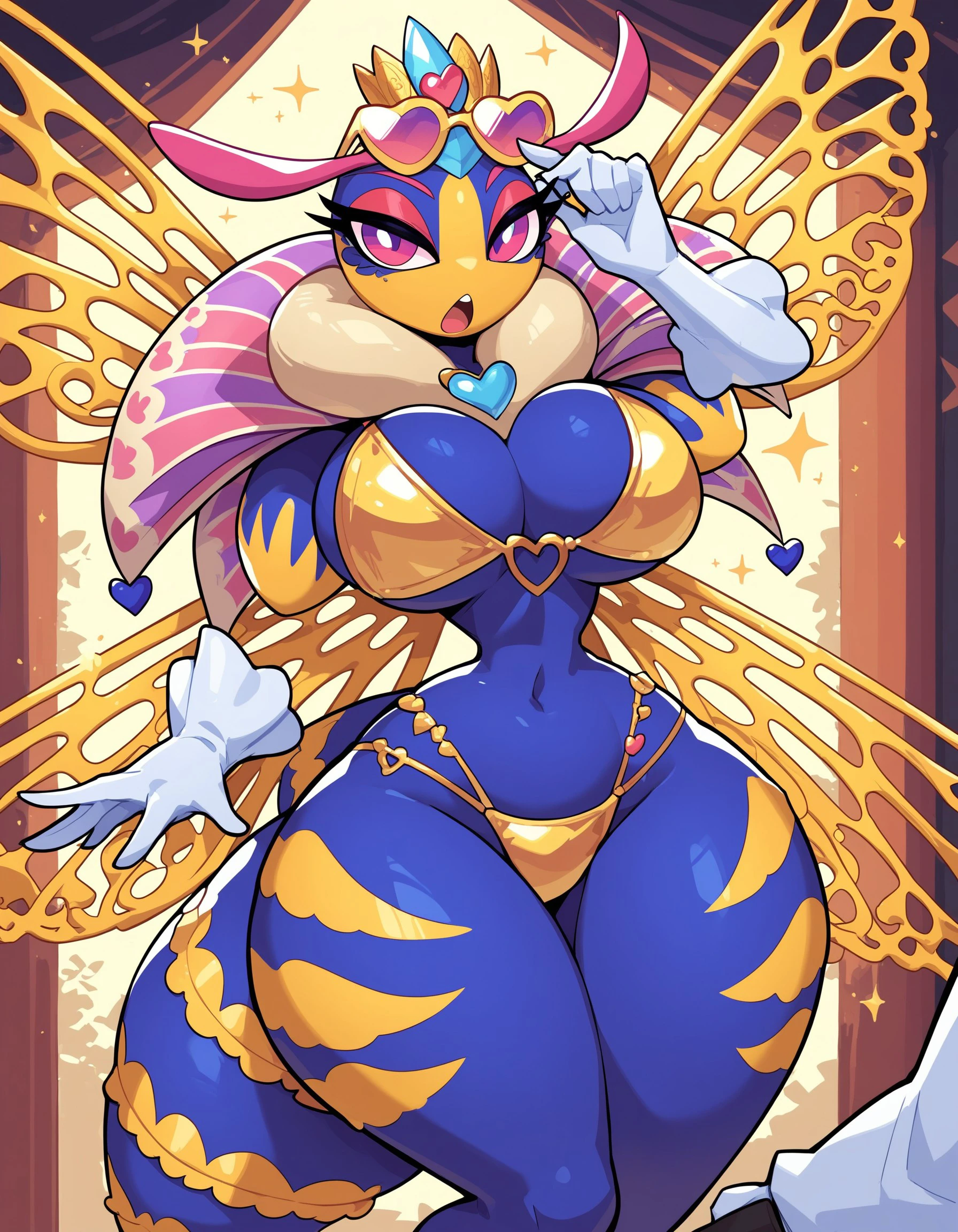 score_9, score_8_up, score_7_up, Queen Sectonia, 1girl, anthro, floating hands, multicolored skin, insect, arthropod, insect wings, looking at viewer, bikini, wide hips, thick thighs, small waist, sunglasses on head, sunny, large breasts, :o, open mouth, sassy, elegant, tail, <lora:cefaa866-a58e-40ba-a219-79ab392f7d60:0.9>, <lora:548a342b-2dc6-440b-abe1-a6ce75213d61:0.8>