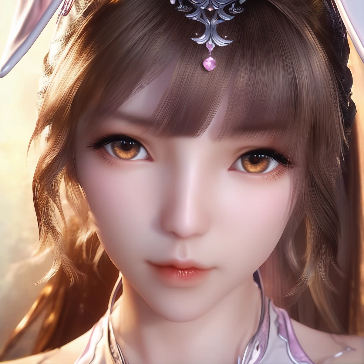 score_9,score_8_up,score_7_up,beautiful,pretty,bangs,beautiful face,beautiful ultra detailed eyes,detailed face,intricate details,hyper-detailed,highly detailed,best quality,masterpiece,xiaowu,
close-up,front view,solo_focus,cowboy_shot,face_focus,1girl,animal ears,rabbit ears,solo,ponytail,dress,brown hair,long hair,white dress,pink dress,standing,
<lora:xiaowu:1>,