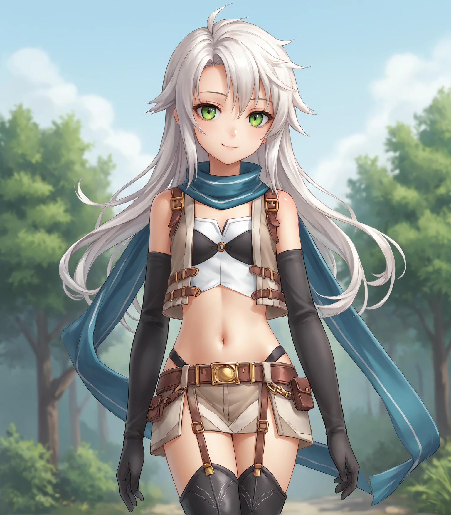 score_9, score_8_up, score_7_up, score_6_up, score_5_up, score_4_up, BREAK source_anime,
1girl, solo,  cowboy shot  looking at viewer, smile, outdoors, sky, trees, 
<lora:Racoonkun_Artist_Style:0.6>, racoonsan,,  
 <lora:FieClaussellCS4:0.9>, Fie Claussell, white hair, long hair, green eyes, small breasts, petite, skinny, grey vest, blue scarf, white tube top, grey miniskirt, black thigh boots, garter straps, long gloves, black gloves,