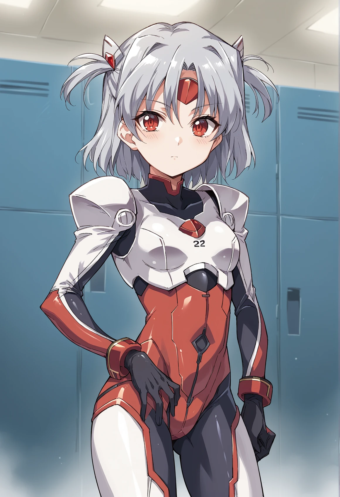 1girl,  short hair, grey hair, red eyes, two two side up, bodysuit, armored bodysuit, adjusting gloves, looking at viewer, expresionless, locker room, small breasts <lora:Tsunashima_Shirou_Jinki_Style:1>, score_9, score_8_up, score_7_up, score_6_up, score_5_up, score_4_up, BREAK source_anime, masterpiece