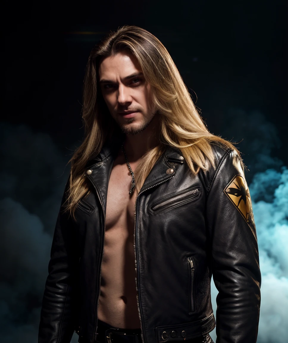 cinematic photo  <lora:quiron_eduFalaschi_v050320_Lora:0.87> eduFalaschiQuiron, solo, male focus, 1boy, long hair, realistic, looking at viewer, facial hair, blonde hair, smile,  shirt,   leather,  black jacket, (cinematic shot),   rainbow-coloured smoke and yellow dry ice swirls around the stage area, a white spotlight illuminates the center of stage, visible through the smoke, spotlight, shadow,  volumetric lighting style, light depth, dramatic atmospheric lighting, Volumetric Lighting,   . 35mm photograph, film, bokeh, professional, 4k, highly detailed