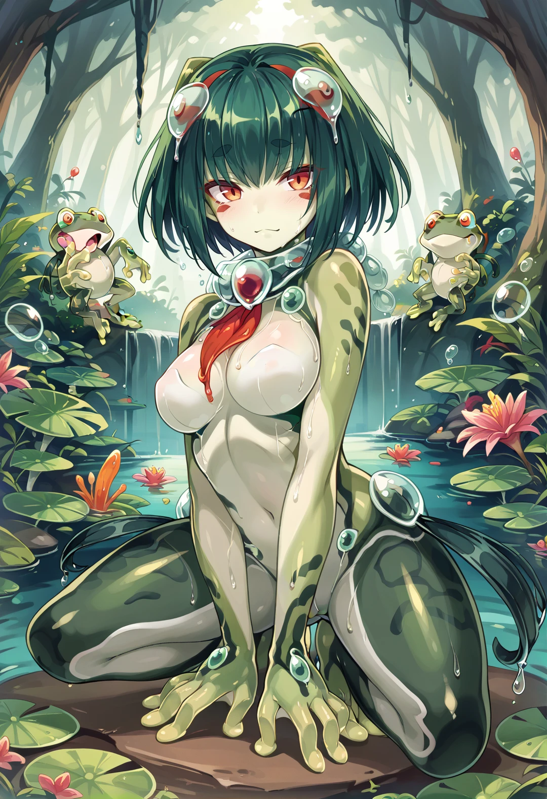 ((Highest quality)), ((masterpiece)), (detailed), （Perfect Face）、The female frog monster, whose body and soul are frogs, is Yukikaze Mizuki, a frog woman with medium-long brown hair, green skin, and a frog-like face.、The woman is naked and has the body of a frog girl, with webbed limbs, a frog-like posture, and a frog-like body surface. She is a complete frog girl, and is being held from behind by a male frog monster and mating like a frog.、The woman is by the water in the forest and is mating with a male frog monster with a frog-like face, and they are mating like frogs.、The woman is pregnant and is laying giant frog eggs from her pussy.