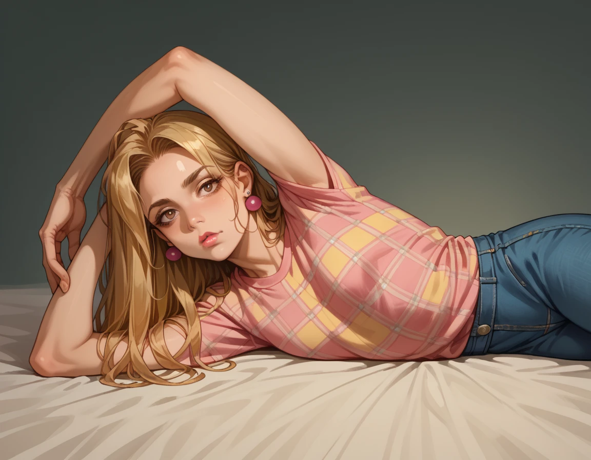 score_9, score_8_up, score_7_up, score_6_up, score_5_up, score_4_up,  1girl, solo,Warm flannel shirt, jeans, Temptress, Short, Athletic, Round Face, Fair Skin, Honey Blonde Hair, Hazel Eyes, [[Curved Nose]], Pouty Lips, Receding Chin, Shoulder-Length Hair, Coarse Hair, Sleek Straight Hair, small breasts, Threader earrings, soft pink sheer lipstick, bedroom, environmental light, hud_pr0ppedup, arms up, full body, lying, on side, <lora:propped2-000008:0.7>,