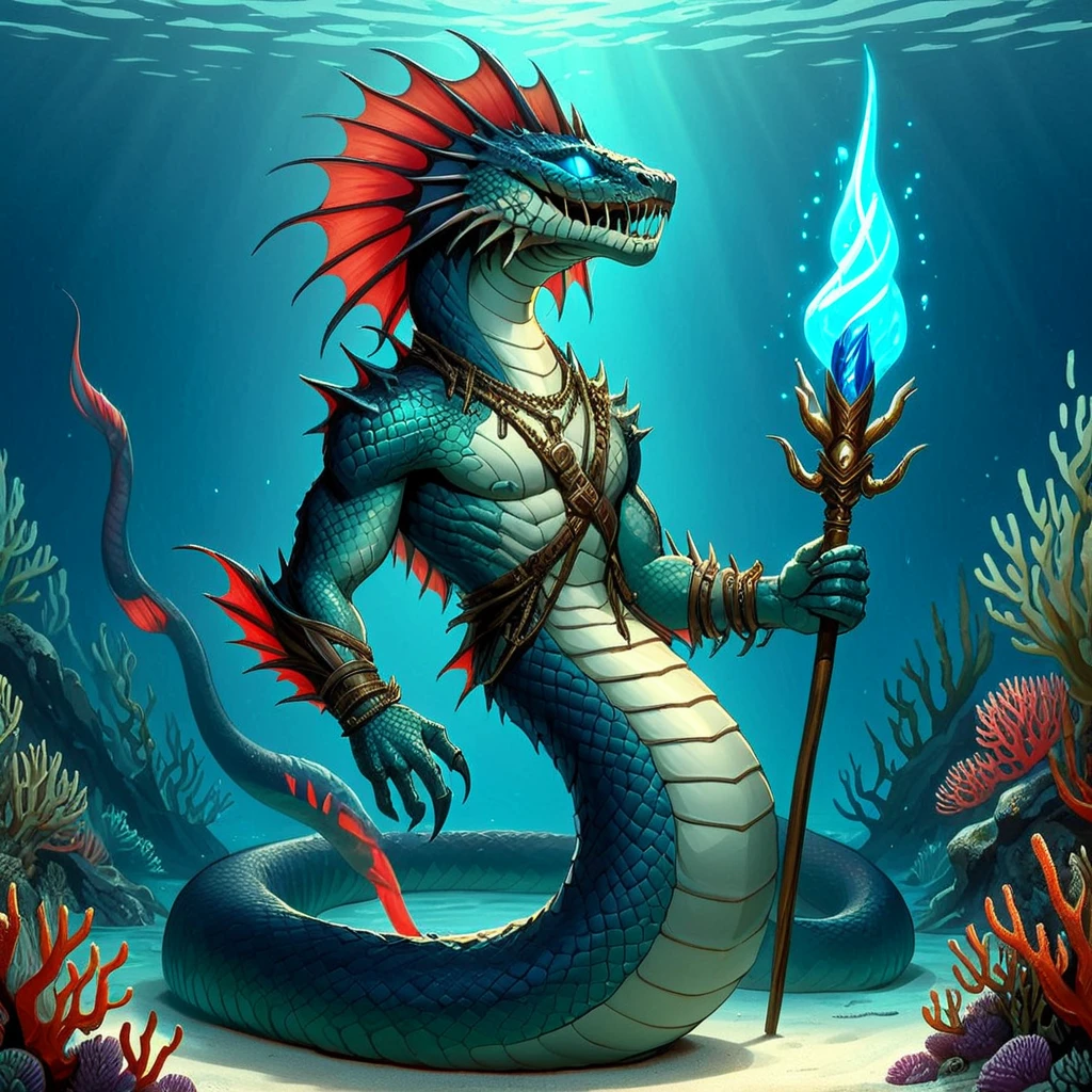 naga, holding a glowing blue spear, coral reef, simple (cartoon)