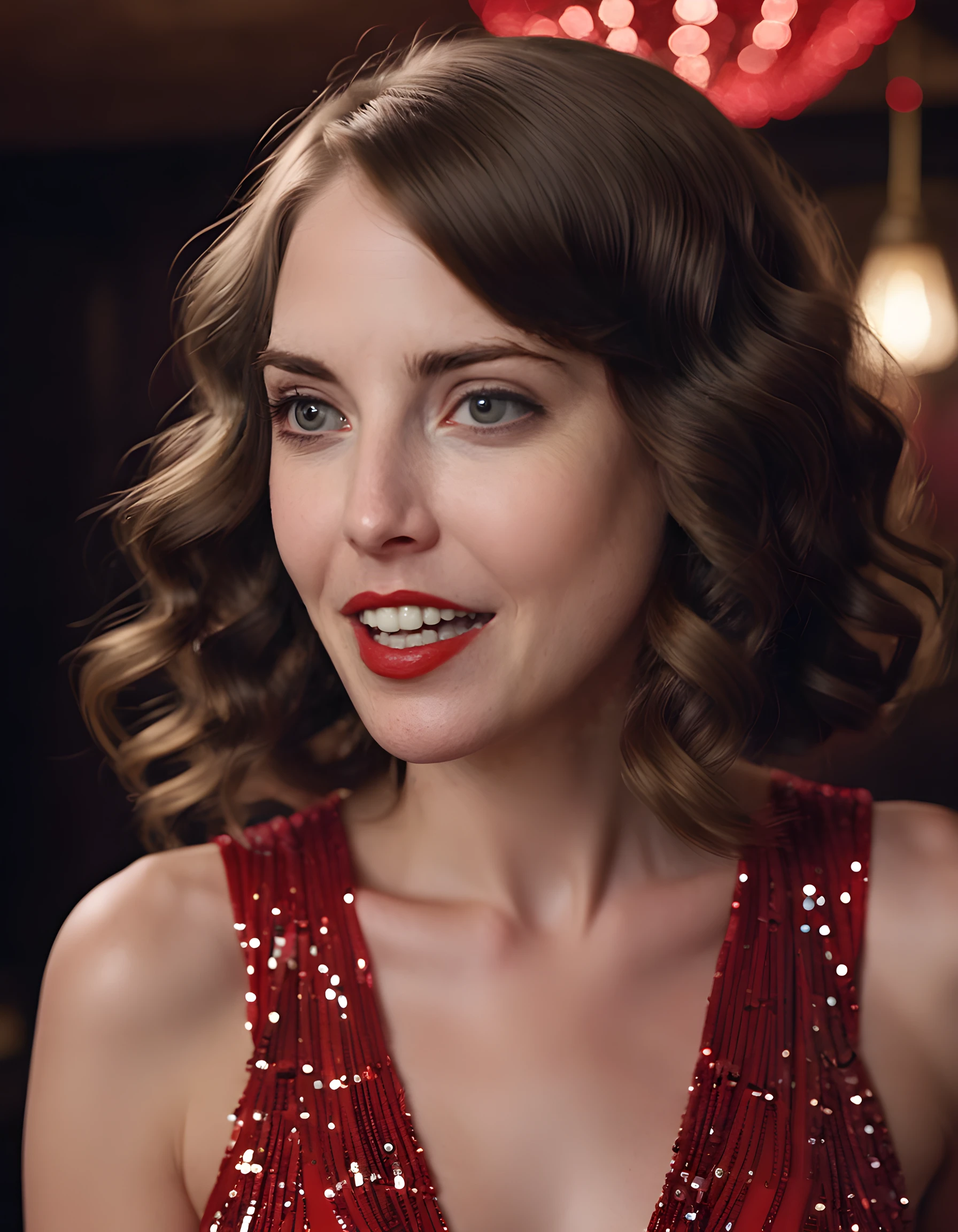 L41N4, In a dimly lit, vintage speakeasy reminiscent of the 1920s, a captivating woman with long, wavy brown hair cascading down her back, donning a vibrant red flapper dress adorned with sequins and intricate beadwork, takes center stage. With a sultry gaze that seems to pierce through the smoke-filled air, she boldly gazes directly at the viewer, her crimson lips slightly parted to reveal a set of perfectly aligned pearly white teeth, all captured in an intensely realistic close-up portrait from a low camera angle, evoking a sense of mystery and intrigue.