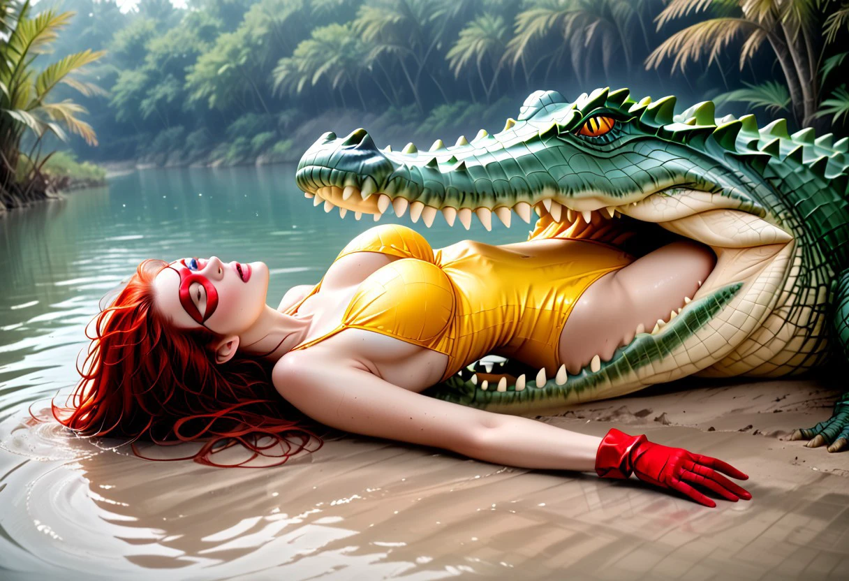 Vore scene.  1 woman, 1 alligator. Hyperrealistic. Woman inside alligator. Alligator is swallowing woman. Woman legs and waist are no longer visible, inside the alligator. Only the head and upper torso are still out, visible.  Woman inside alligator mouth. Alligator attacking woman. photo a woman being eaten by a large alligator, legs first. Perfect anatomy,  long hair, bright blue eyes, gorgeous, petite, 26-year-old Caucasian woman with long red hair and blue eyes, expressive face,beautifully drawn face.She is wearing a red domino mask,red gloves, bright yellow swimsuit. 
,
(masterpiece), (64k), intricate details, (highly detailed), photorealistic, cinematic lighting, shading, (best quality), absurd, (ultra high-resolution), ultra-detailed, cgi, (lineart), (depth of field), light particles, (hyper detailed), elaborated features, (volumetric lighting),crocodile, aligator, vore, violent, devour,Dawn, superheroine