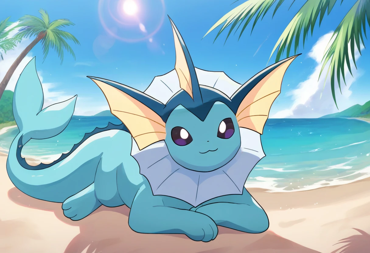 score_9, score_8_up, score_7_up, score_6_up source_anime BREAK
beach, ocean, evening, palm trees, lens flare, sunbeam
V4P0R30N, sky blue skin, dark purple eyes, fins, quadraped, fish tail
 <lora:Vaporeon_Pokemon_Pony:1>
looking at viewer, lying, on stomach, head tilt, smile, closed mouth