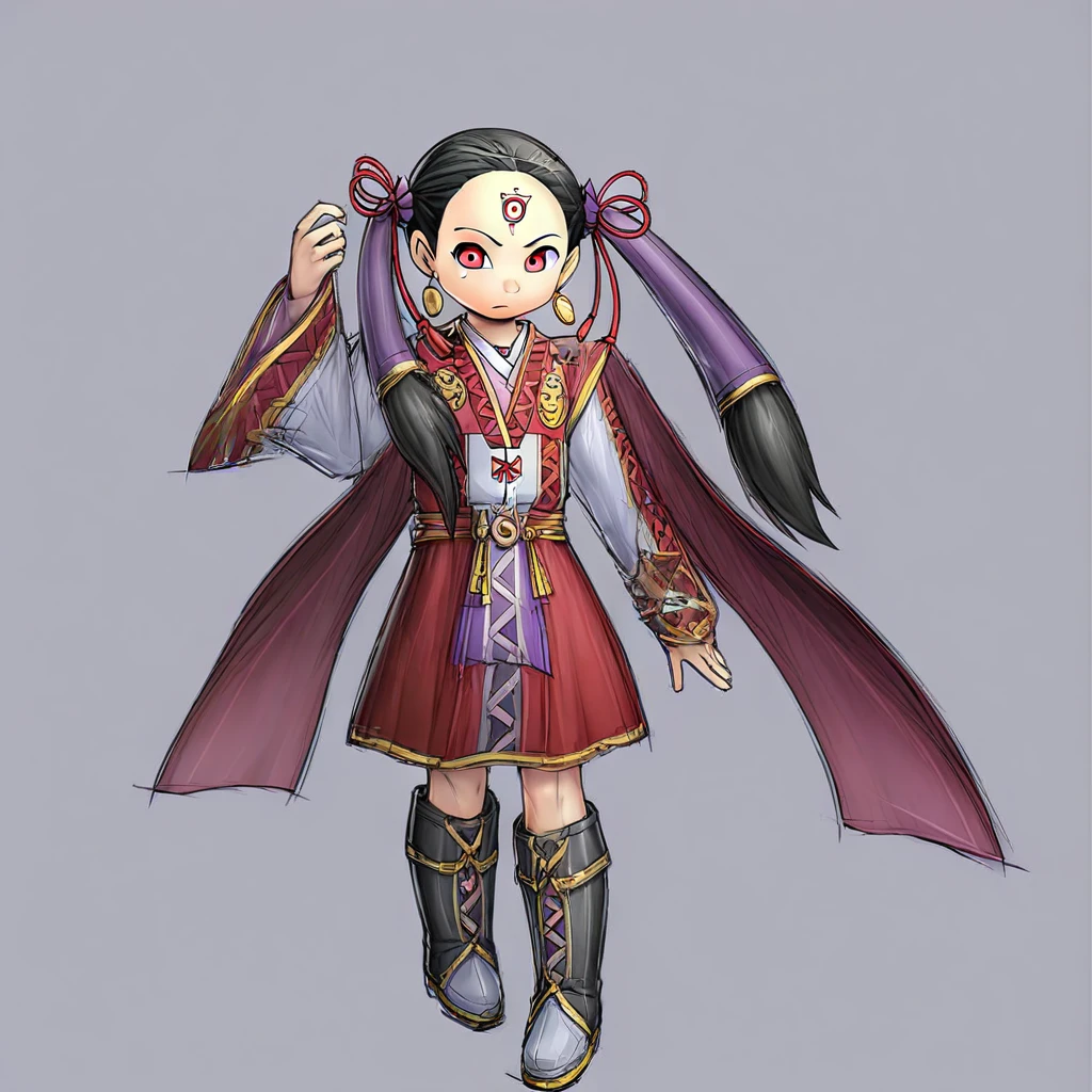 Best quality, himi, black hair, earrings, facial mark, forehead mark, hair ornament, long hair, solo, twintails, red eyes, knee boots, sexy dress, jacket,