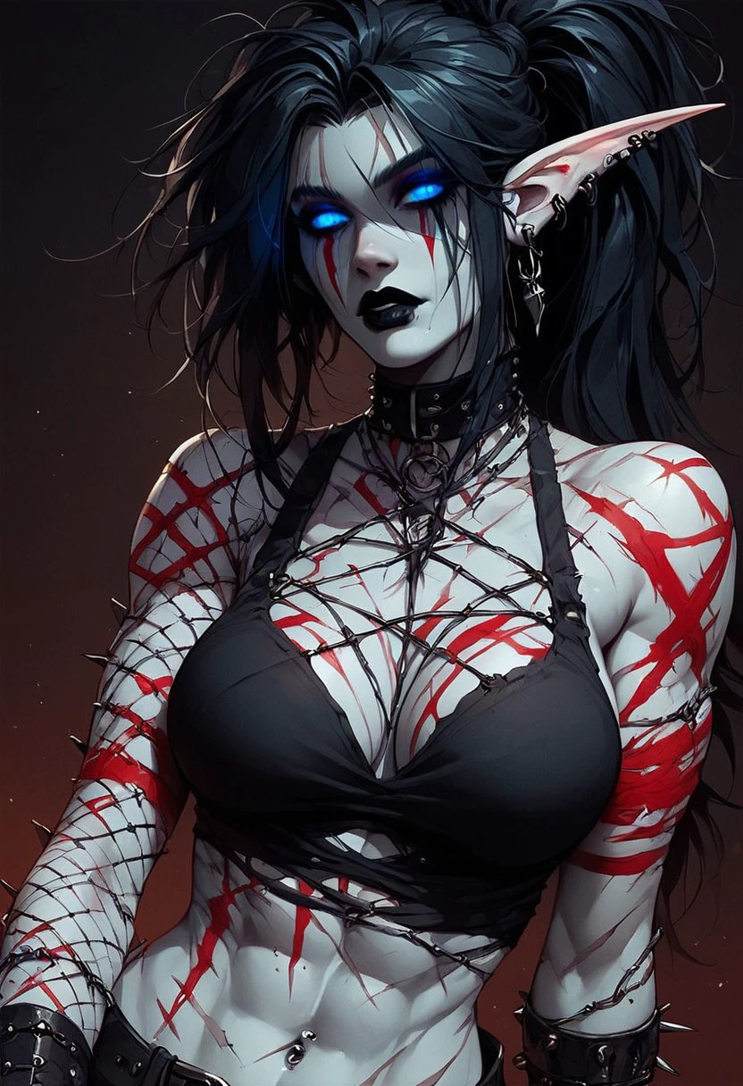 score_9, score_8_up, score_7_up, score_6_up, Expressiveh, undead, deathknight, 1girl, night elf, goth, tall girl, athletic, pointy ears, long ears, (blue eyes, glowing eyes), ((pale grey skin with red warpaint)), red bodytattoo, red facetattoo, black hair, messy hair, ponytail, barbed wire sleeve, black lipstick, scars, piercings, fishnet tshirt,bra,black tshirt,midriff, close up