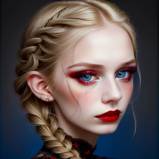 1girl, age 24, beautiful face, perfect body, medium brests, tight top, masterpieces, close-portrait, female, makeup, pale skinw, blonde hair, braided hairstyle, mysterious, red black symbols face, glossy blue eyes,best quality,masterpiece