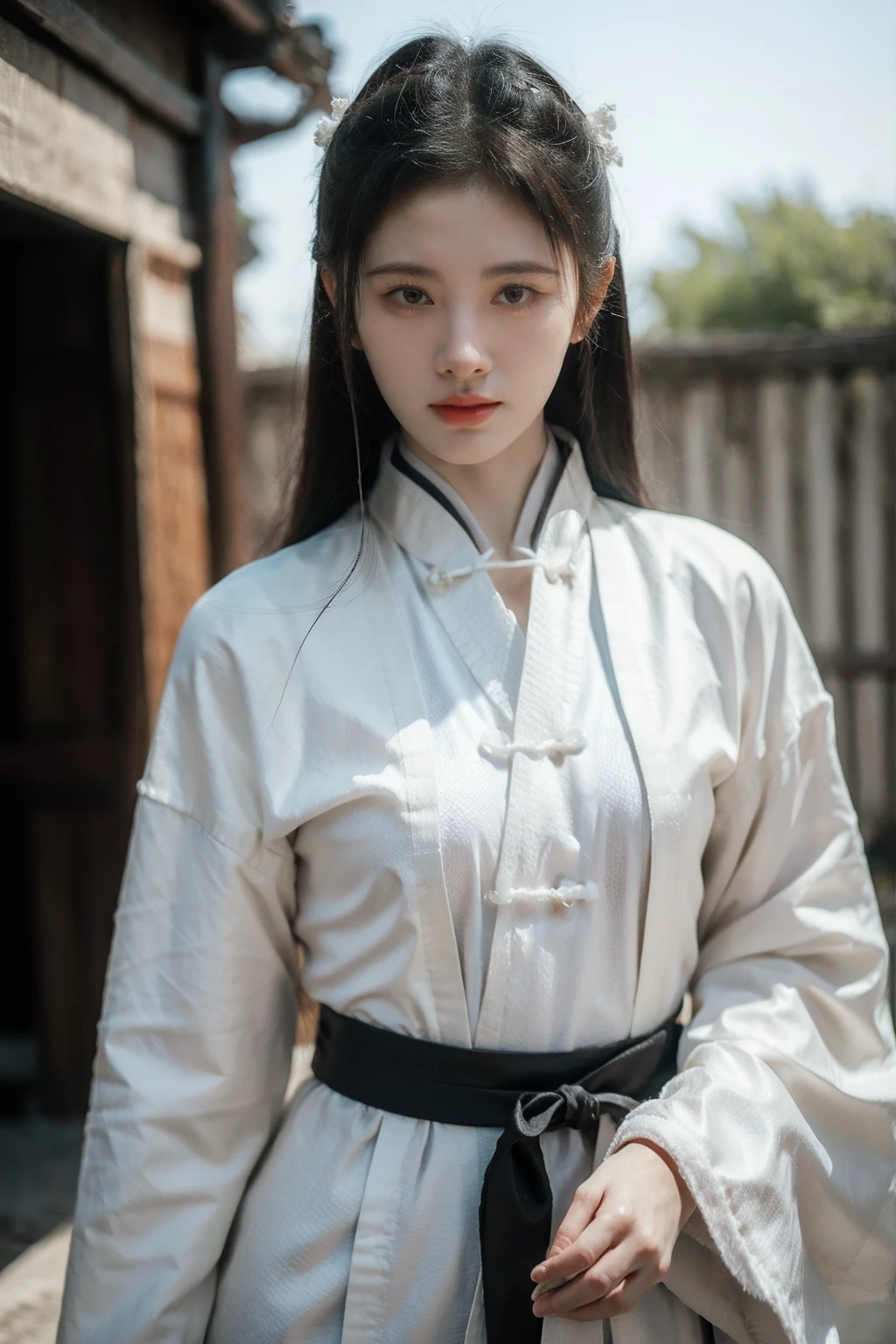 (realistic), (hyperrealism),best quality, masterpiece,ultra high res, (photorealistic:1.4),1girl,wuxia,  white chinese martial robe, martial art world, skinny, pale skin, 
cowboy shot,<lora:makina69_jujingyi_v1.0:1>