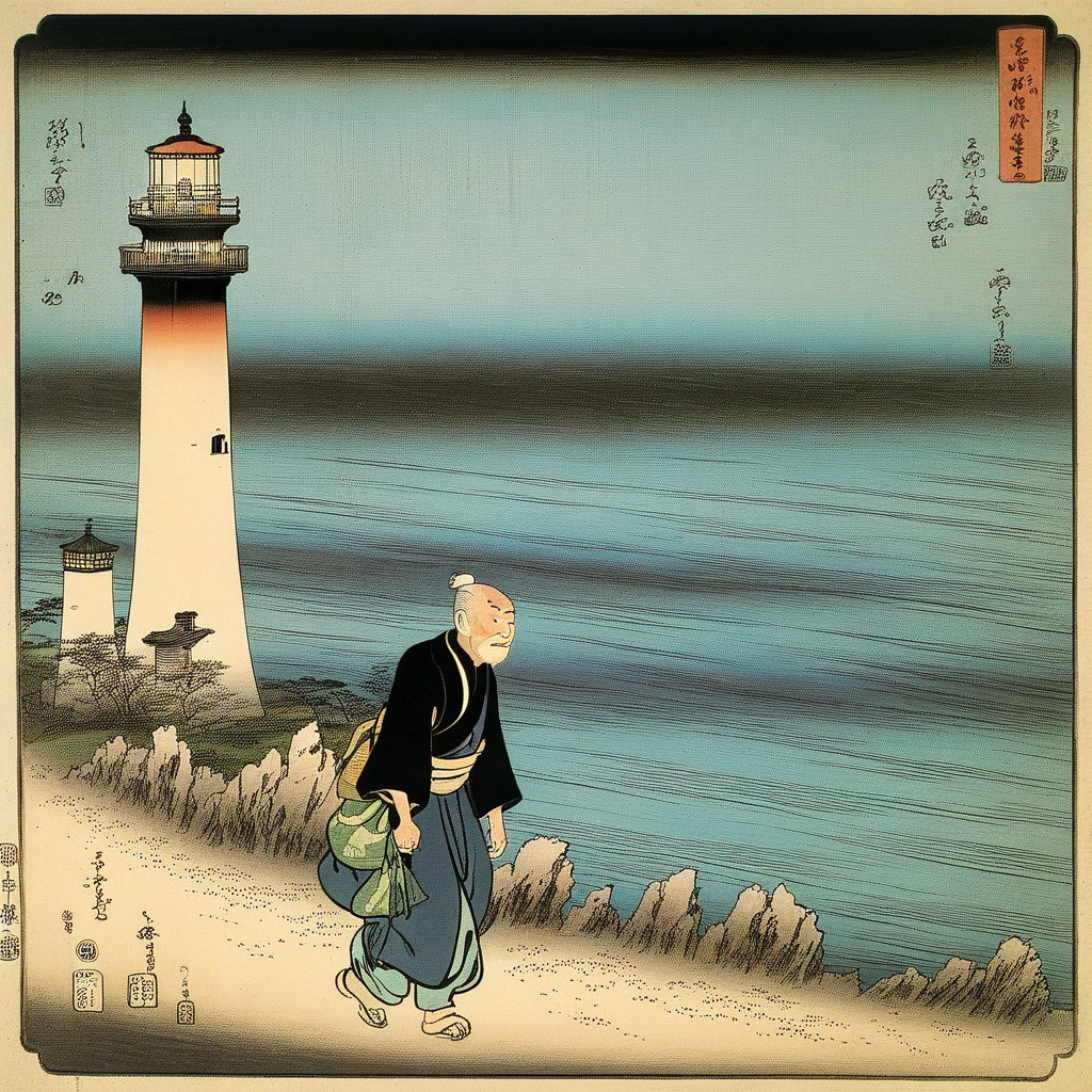 old man near the lighthouse, sentimental, 1boy, japanese art, classic art, ukiyo-e