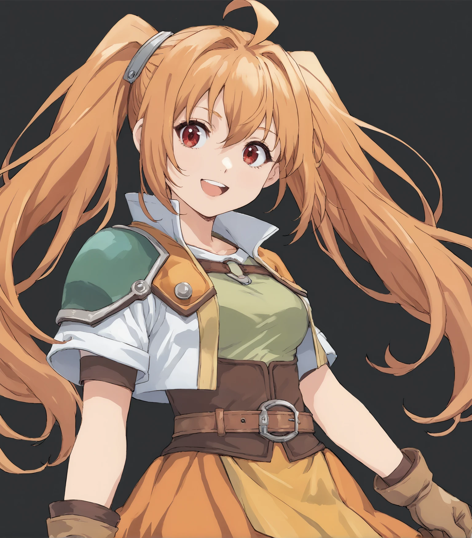 score_9, score_8_up, score_7_up,
1girl, solo,
<lora:EstelleSCb:0.9>, Estelle Bright, orange hair, twintails, ahoge, red eyes, medium breasts, cropped jacket, green shoulder pad, green shirt, orange skirt, belt, white thighhighs, brown gloves,,,
simple background, black background,
upper body, portrait,, looking at viewer, happy,
<lora:enami:0.4>, <lora:MeMaXL_V3:0.6>,