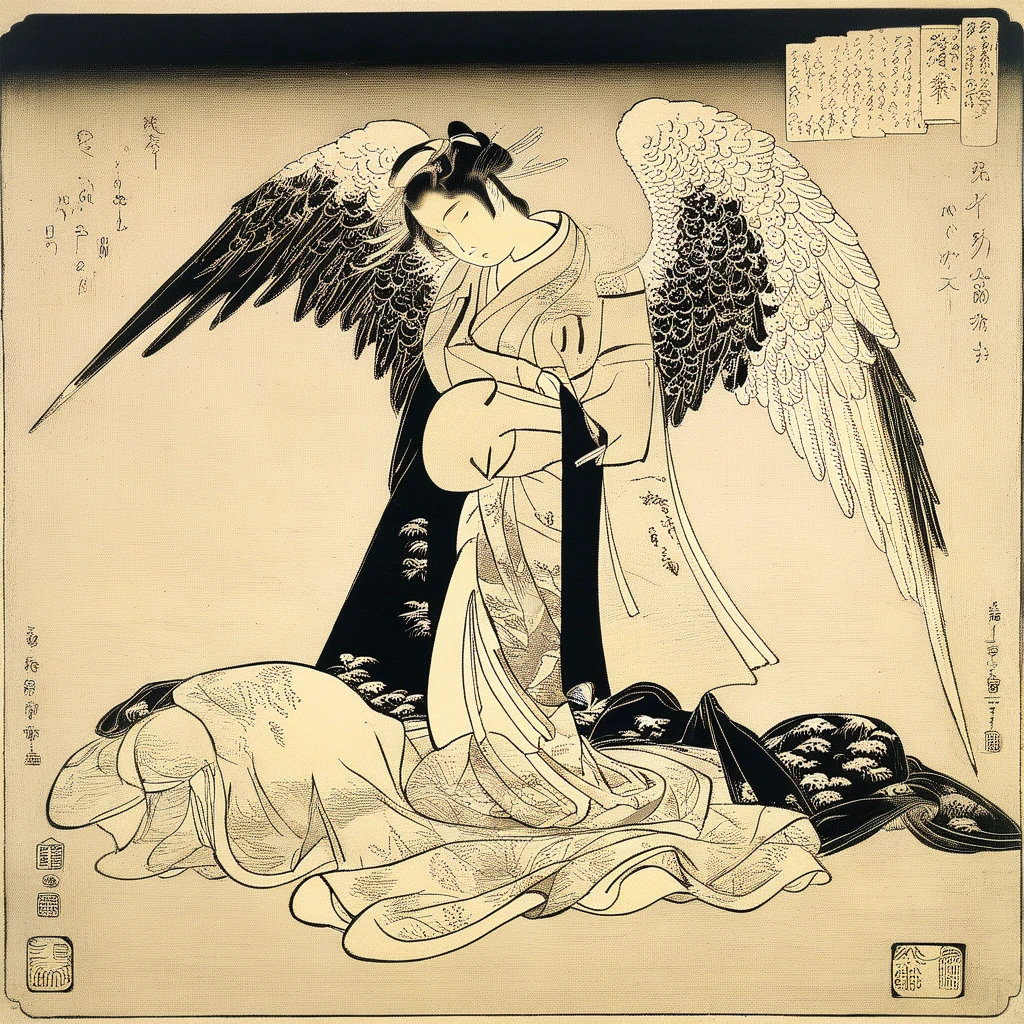 fallen angel, lost paradise, grief, somber, monochrome, looking at viewer, 1girl, japanese art, classic art, ukiyo-e