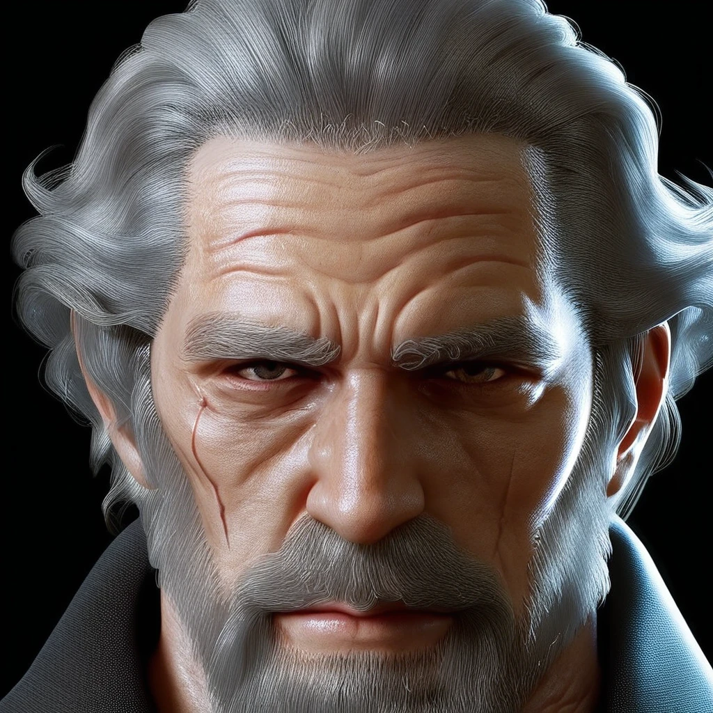 End_FF_XV, jewelry, male focus, 1boy, simple background, veins, solo, mustache, closed mouth, upper body, black background, scar, facial hair, realistic, portrait, grey hair, beard, old man, looking at viewer, old BREAK score_9, score_8_up, score_7_up, score_6_up, score_5_up, score_4_up,