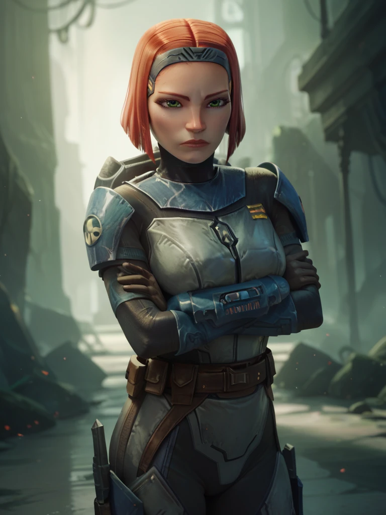 score_9, score_8_up, score_7_up, high quality, masterpiece, BoKatan, 1girl, green eyes, bodysuit, leg armor, gloves, belt, bracers, holsters, boots, shoulder armor, short hair, red hair, hair ornament, crossed arms
<lora:BoKatan-120reps-pt2:0.8>