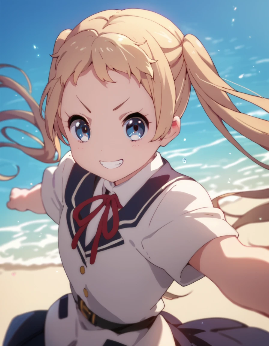 score_9, score_8_up, score_7_up, score_6_up, score_5_up, score_4_up, source_anime,  Sanae, blonde hair, blue eyes, twintails, , soft smile, school uniform, action pose