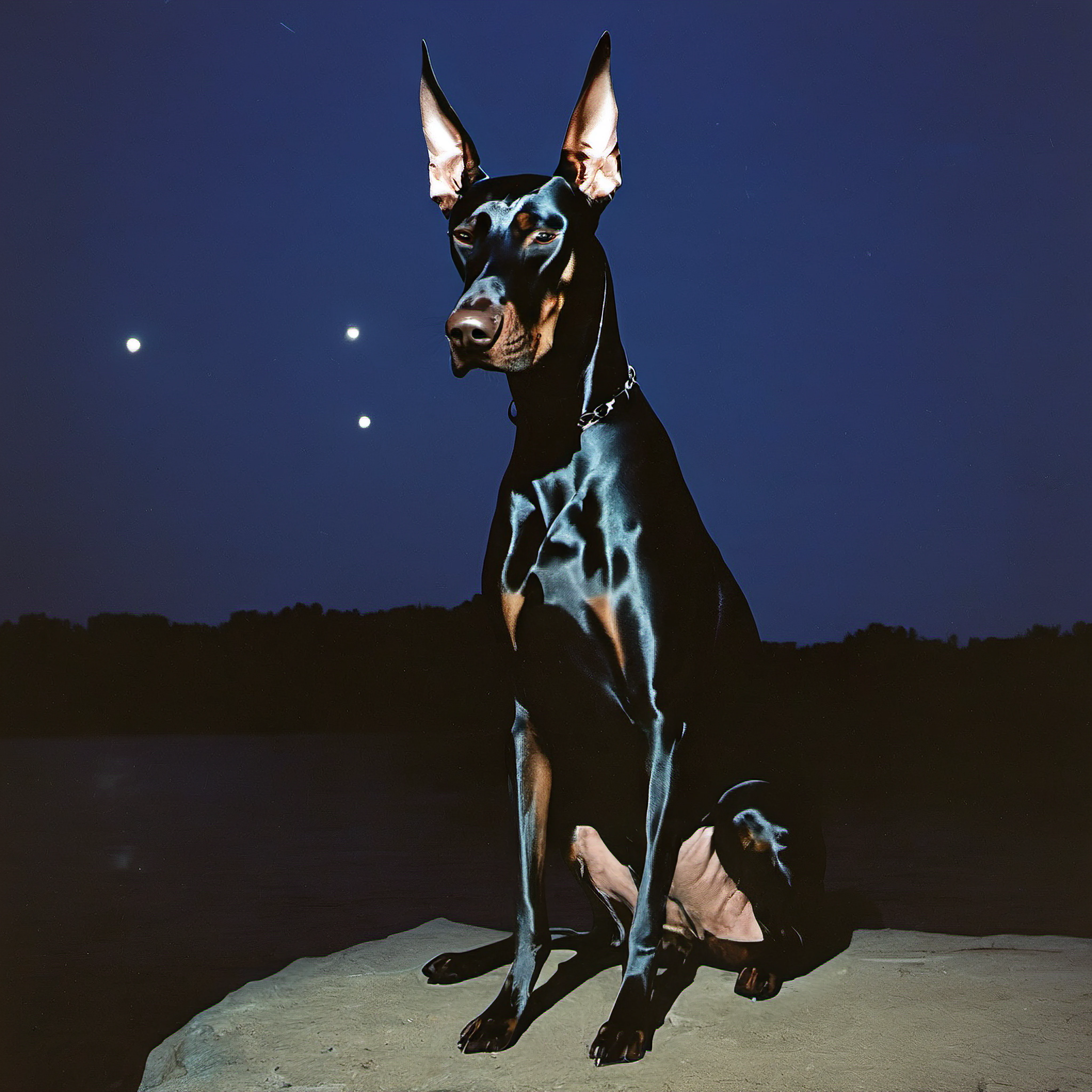 doberman, menacing, glitter, night