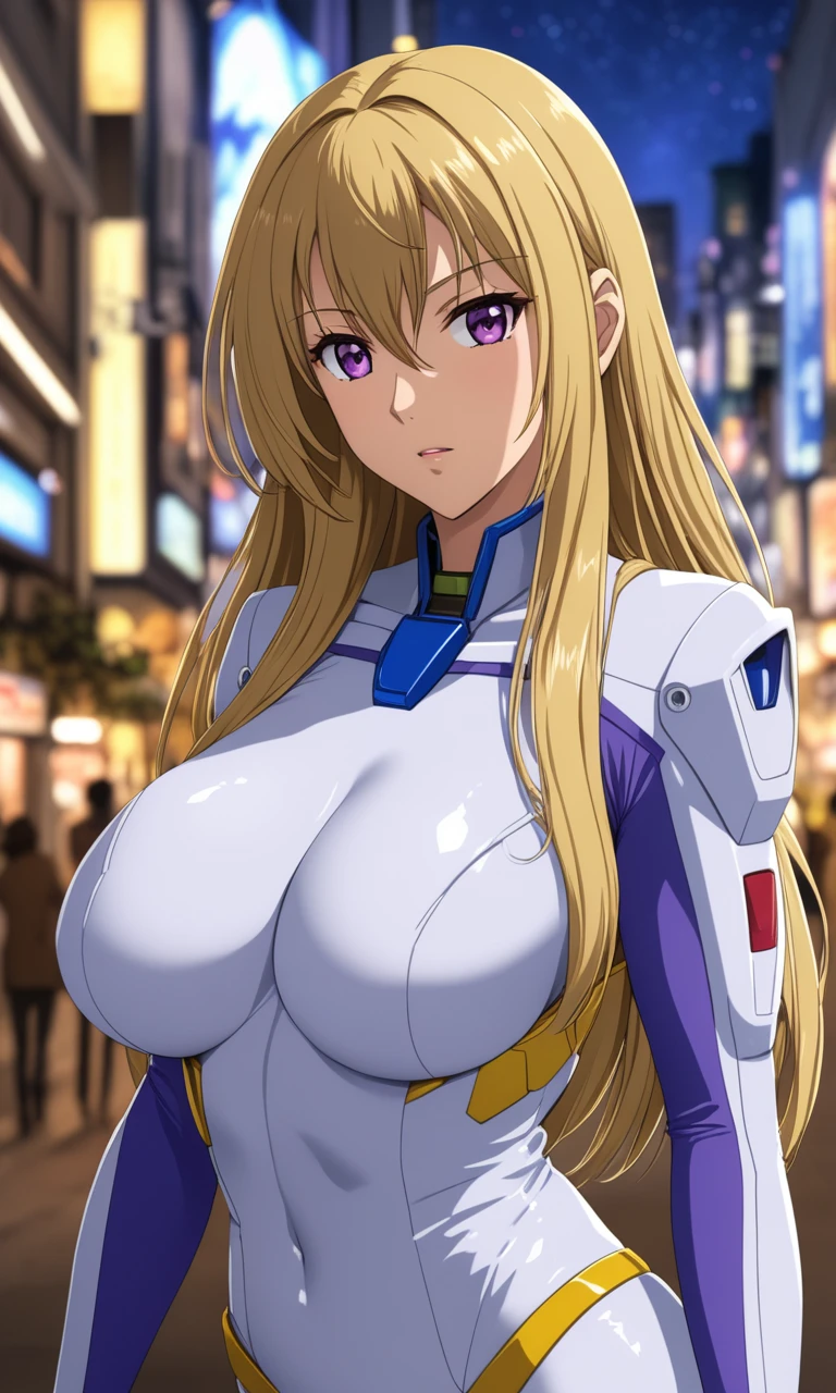 Gundam_00_Style, (Style: Gundam_00), source_anime, anime, science_fiction, white, yellow, jumpsuit, skintight, 1woman, long hair, purple eyes, large breasts, masterpiece, best quality, highres, best illumination, depth of field, detailed background, complex background, perspective with background