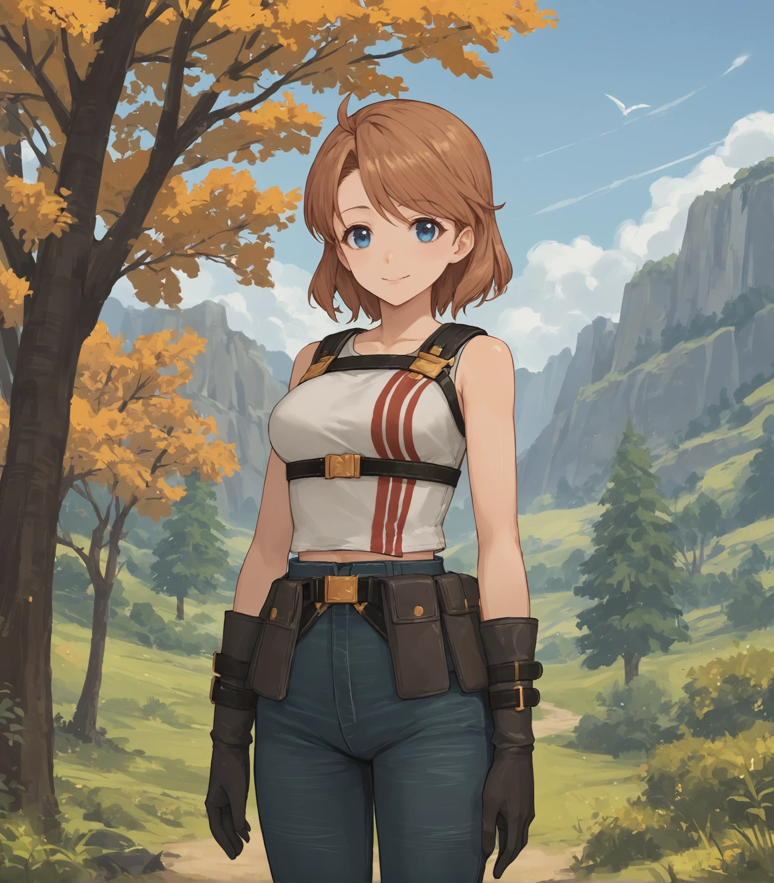 score_9, score_8_up, score_7_up, score_6_up, score_5_up, score_4_up, BREAK source_anime,
1girl, solo, cowboy shot , looking at viewer, smile, outdoors, sky, trees,
<lora:Regina:0.9>, Regina, brown hair, blue eyes, medium breasts, bare shoulders, white vest, vest, gloves, pants, boots, black footwear, belt, harness,