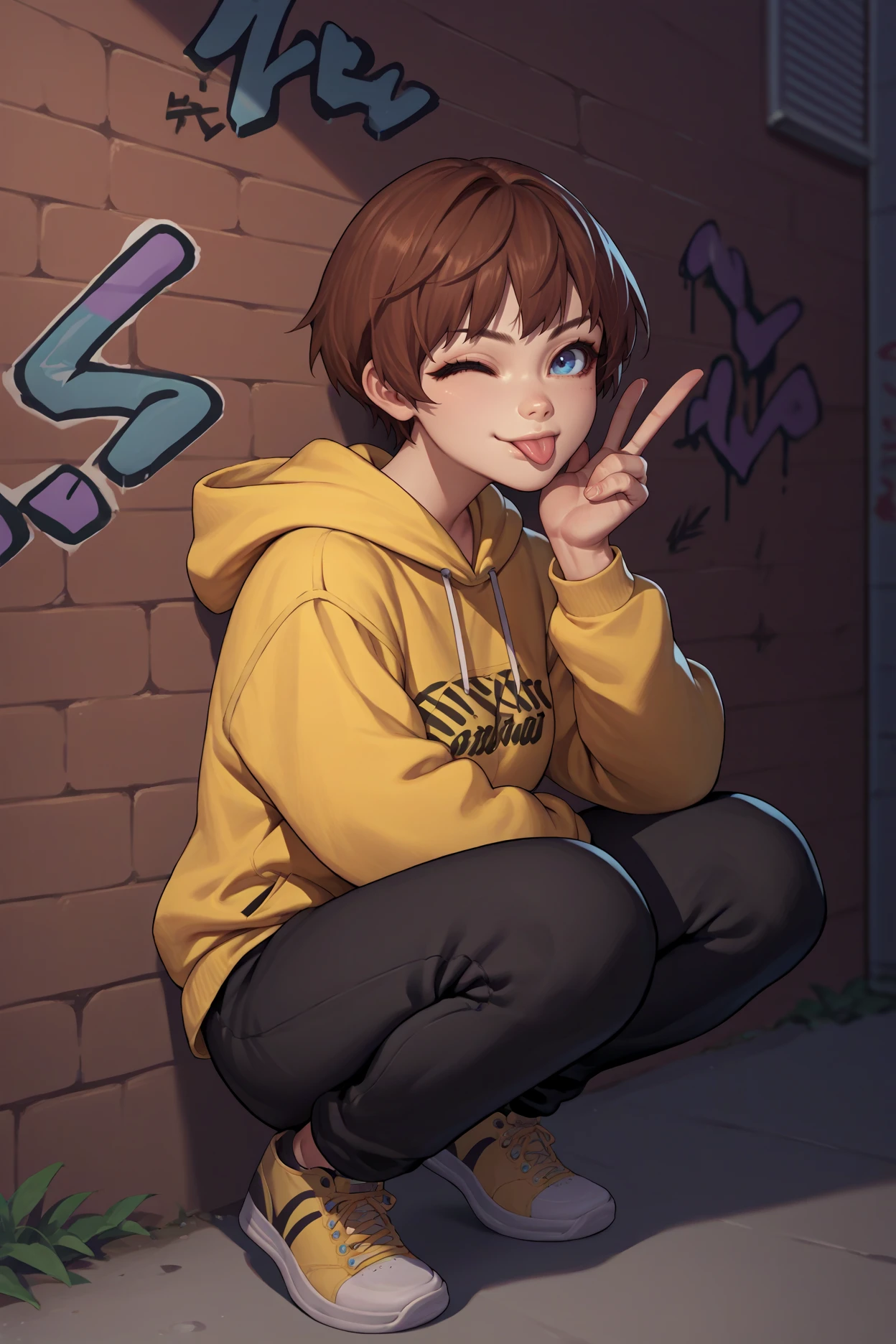 score_9, score_8_up, score_7_up, score_6_up, source_anime, 1girl, solo  <lora:sblily-pdxl-nvwls-v1-000005:1> sblily, brown hair, short hair, blue eyes, yellow hoodie, black pants, squatting, sneakers, wall, graffiti, city, wink, tongue, looking at you