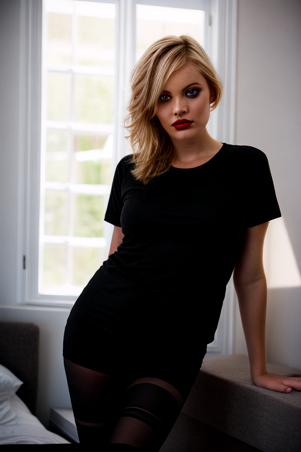 hhil,  tights, black t-shirt, bedroom, <ffacedetail>, blue eyes, window, reflections, shadows, ambient light, lips, lipstick