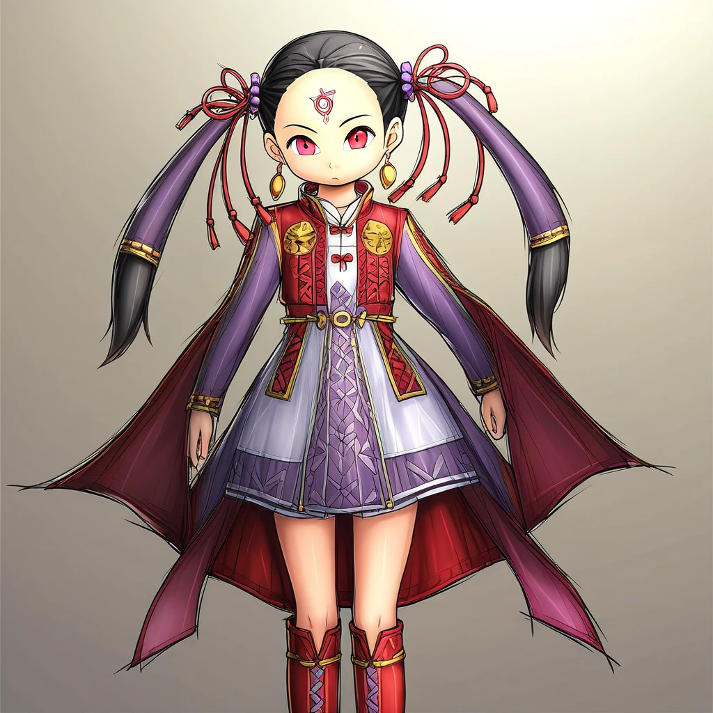 Best quality, himi, black hair, earrings, facial mark, forehead mark, hair ornament, long hair, solo, twintails, red eyes, knee boots, sexy dress, jacket,