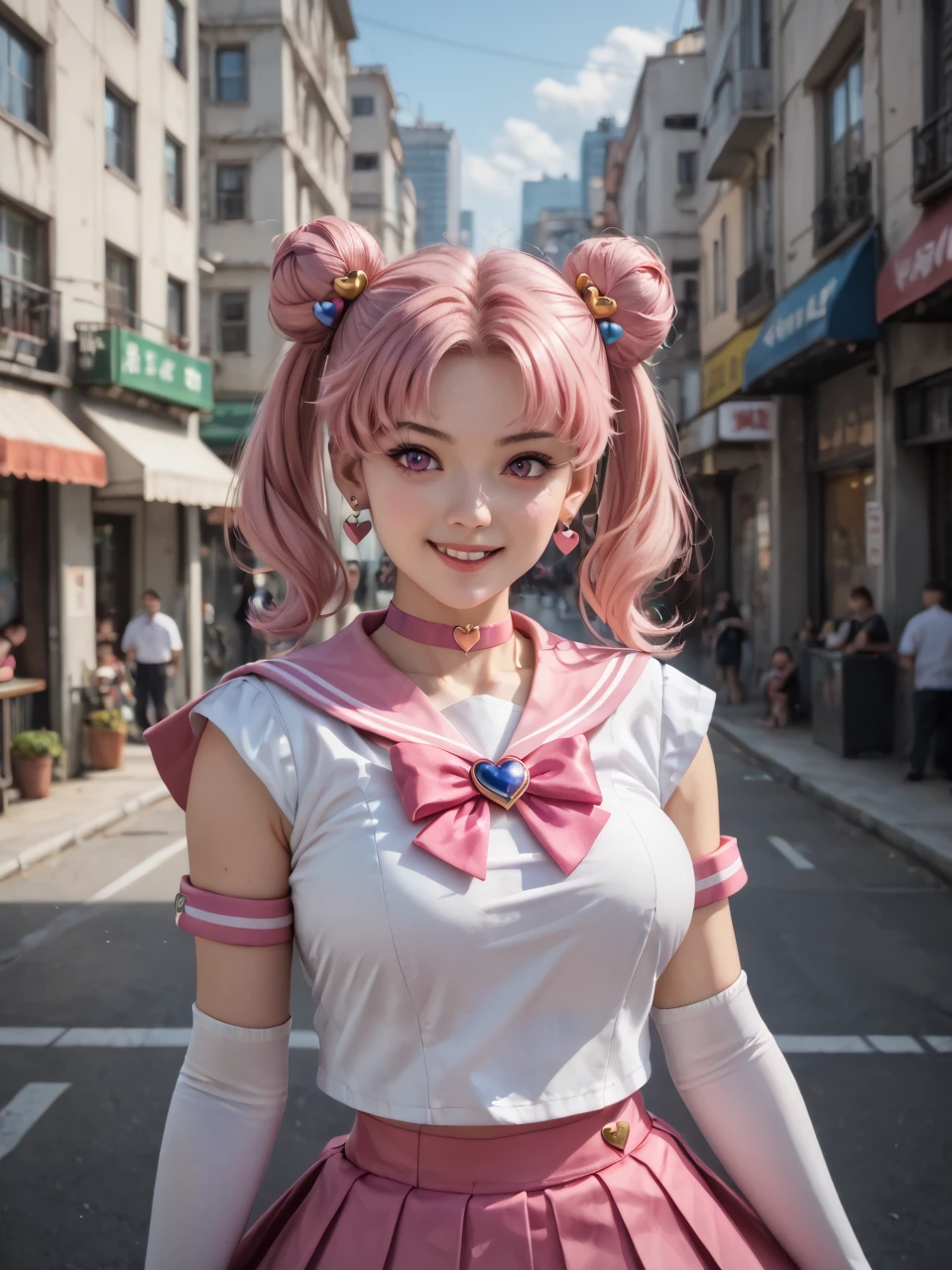 zPDXLrl, score_9, score_8_up, score_7_up, rating explicit, realistic, masterpiece, best quality, ultra HD quality details,
1girl, chibiusa, child, cone hair bun, double bun, hair bun, hair ornament, pink eyes, pink hair, short hair, twintails, circlet, parted bangs, bow, brooch, choker, earrings, elbow gloves, white gloves, heart brooch, magical girl, pink bow, pink choker, pink sailor collar, pink skirt, pleated skirt, sailor collar shirt, sailor senshi uniform, stud earrings, on city, Taiwan, Taipei city, Lively streets, round breasts, sunny, portrait, close-up, fighting stance, from front, cute smile, <lora:SP_Saturation-v1-fix:1>,