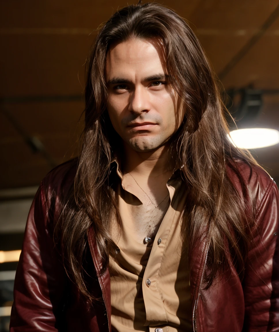 cinematic photo  <lora:quiron_AndreMatos_v060330_Lora:0.77>  andreMatosQuiron, male focus, solo, realistic, long hair, looking at viewer, brown eyes,  brown hair, jacket, microphone,  facial hair, shirt,  music,,     . 35mm photograph, film, bokeh, professional, 4k, highly detailed