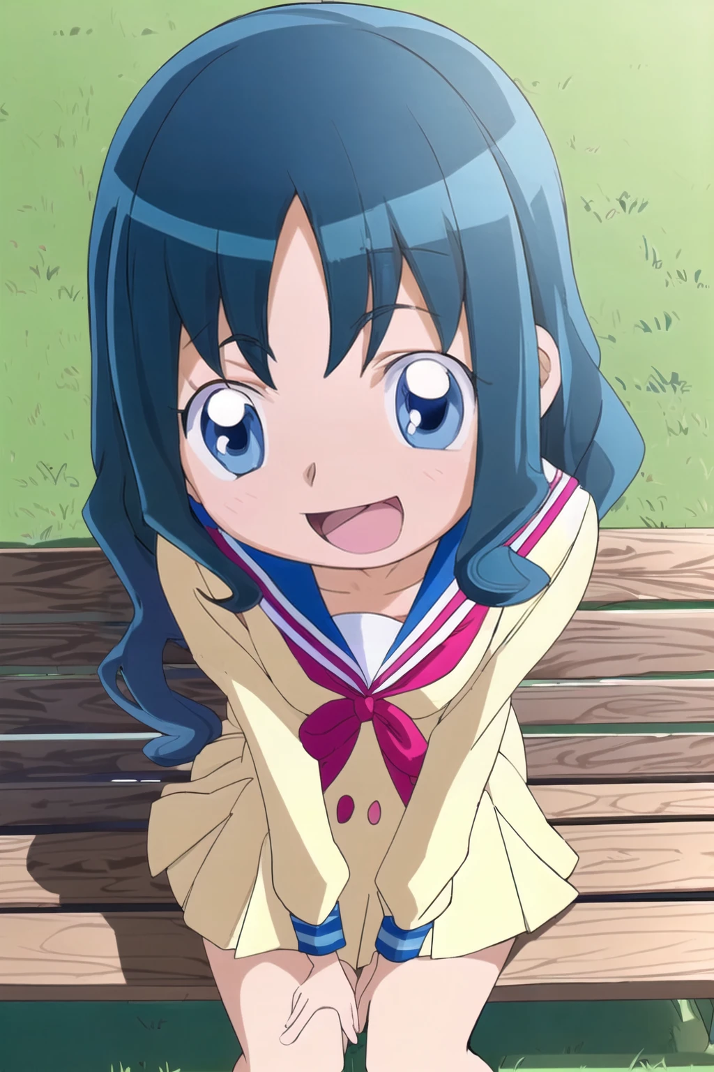 ( nsfw, best quality, ultra detailed, absolutely resolution, pastel anime illustration style),
<lora:Erika_V1_r1:1.0>
{(1girl, kurumi erika, blue eyes, waved blue long hair, slim body, small breasts, thin legs, 150cm tall )},
( wearing sailor school uniform dress, long sleeve, medium red sailor ribbon),
BREAK, ( smile face and open mouth, sitting park long bench, from diagonal front view, from above, face only, portrait, upper shot, face focus ),
( park background, natural lighting),
<lora:more_details:0.65>