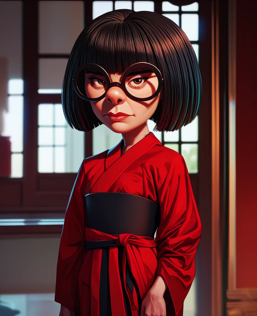 score_9,score_8_up,score_7_up,score_6_up,
ednamodexl,glasses,short hair,bob cut,
red kimono,
standing,looking at viewer,
indoors,
<lora:Ednaxl:0.8>,