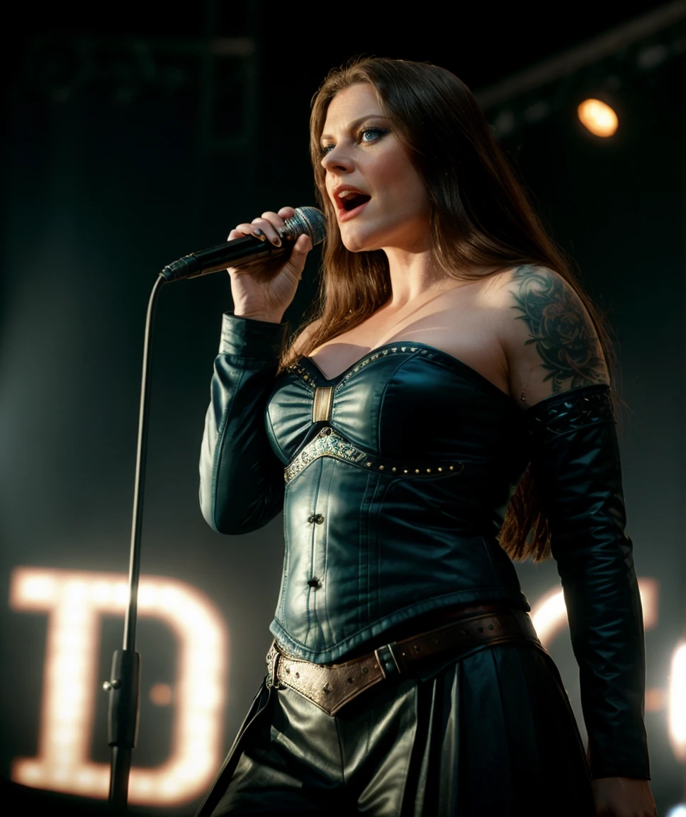 cinematic film still  <lora:quiron_FloorJansen_v050320_Lora:0.77> floorJansenQuiron, long hair, looking at viewer, lips, blue eyes, tattoo, 1girl, solo, (cinematic shot),   centre stage holding a microphone mouth wide open eyes shut singing into the microphone, . shallow depth of field, vignette, highly detailed, high budget Hollywood movie, bokeh, cinemascope, moody, epic, gorgeous, film grain, grainy