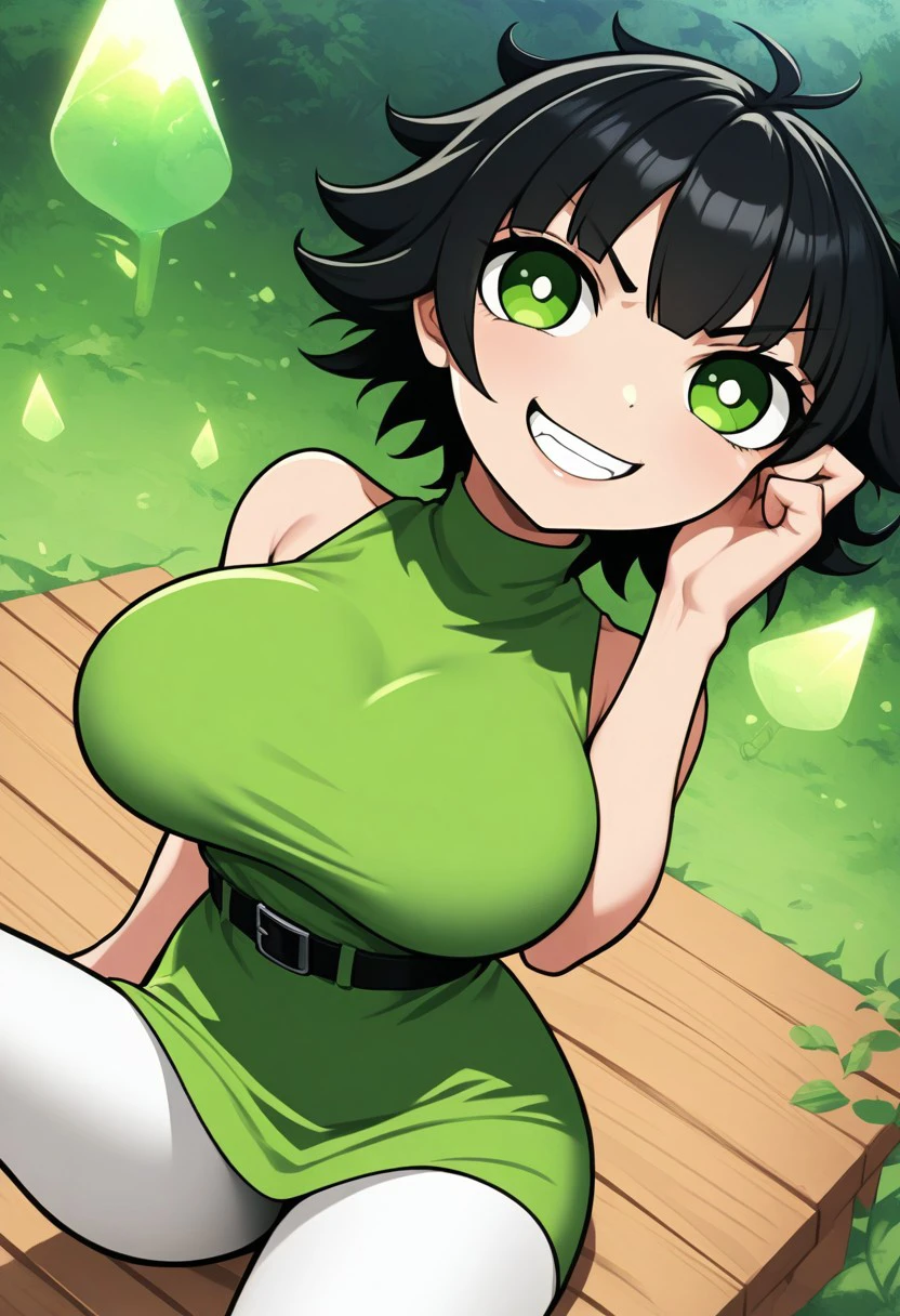 posing, 1girl, solo, big breasts,
1girl, buttercup (/PPG)/,(ultra HD quality details), black hair, short hair, (green eyes), messy hair, dress, short dress, light green dress, sleeveless, thick black belt, white pantyhose,
teeth,grin,smile
looking at viewer, five fingers, perfect eyes, athletic body, hourglass figure, cute face, angry look, glass field, sitting on a picnic table,