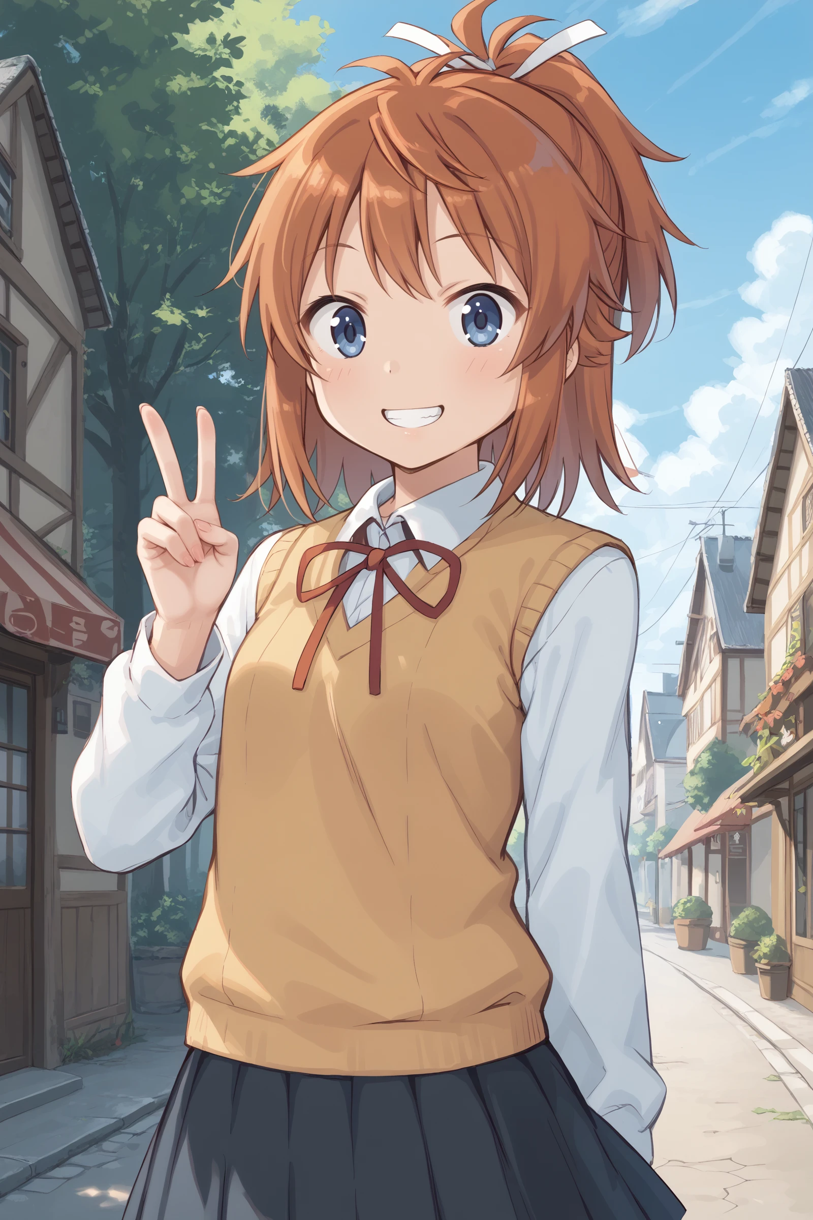 score_9, score_8_up, score_7_up, BREAK
1girl, koshigaya natsumi, hair ribbon, shirt, sweater vest, neck ribbon, skirt, smile, teeth, outdoors, village, nature, sky, cowboy shot, looking at viewer, v, BREAK
<lora:add-detail-xl:1>, <lora:PerfectEyesXL:0.3>, <lora:CinematicStyle_v1:0.5>, <lora:t0nym0r3XLP:0.7>, <lora:Natsumi_pdxl_v1.0:0.85>