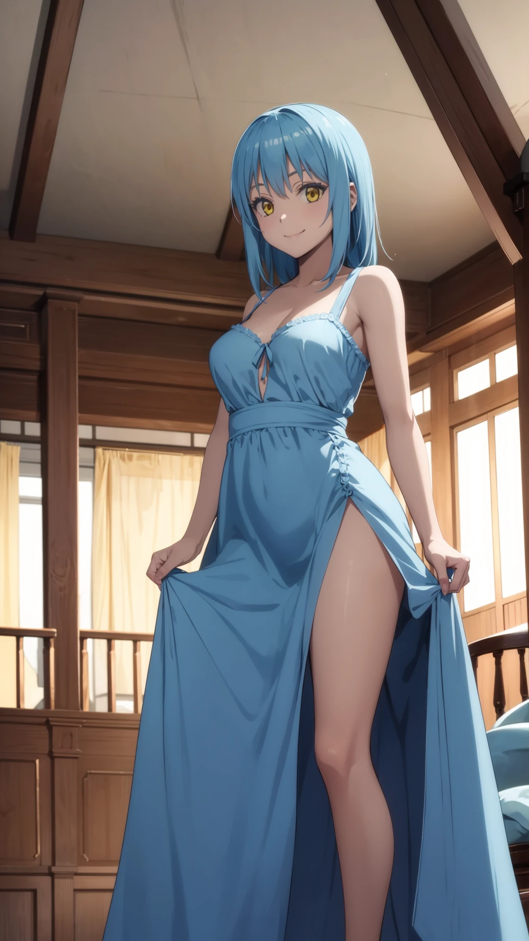 1 girl, solo, masterpiece, choosing dress from wardrobe,wearing towel, large breasts,half naked,blue dress, green line, black main, front pink