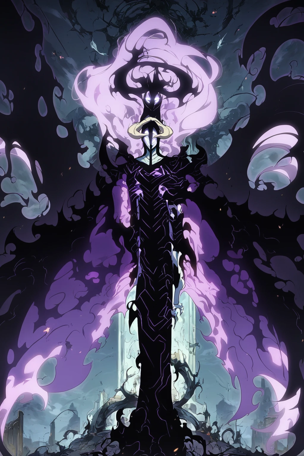score_9, score_8_up, score_7_up, score_6_up, score_5_up, score_4_up, masterpiece, high quality, full body, purple and black, 1character, solo, facing viewer, portrait, looking at viewer, detailed face, , , black and purple colored, ghost, albedo \(overlord\), <lora:AriseV2:1.3> Arise, shadow, glowing, aura, shadow_soldier, glowing eyes <lora:albedo_official:0.3> albedo, albedo (overlord), purple skin, black skin,