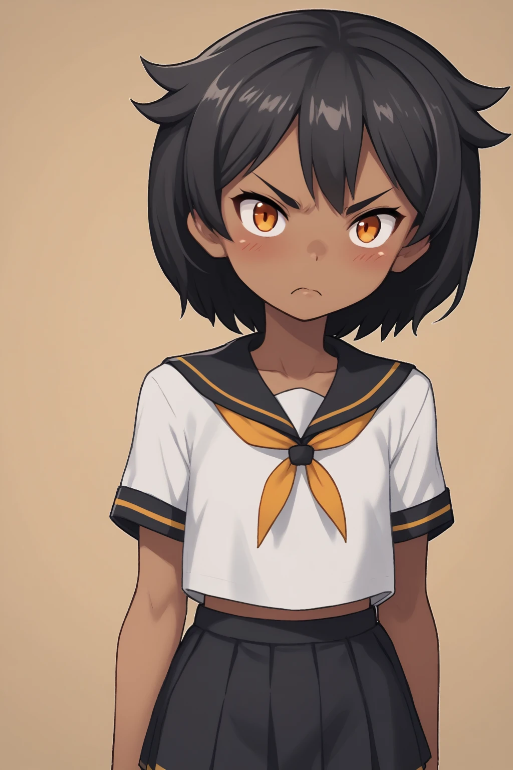 1girl, dark-skinned female, black hair, short hair, hair flaps, orange eyes, flat chest, angry, blush, outline, school uniform,