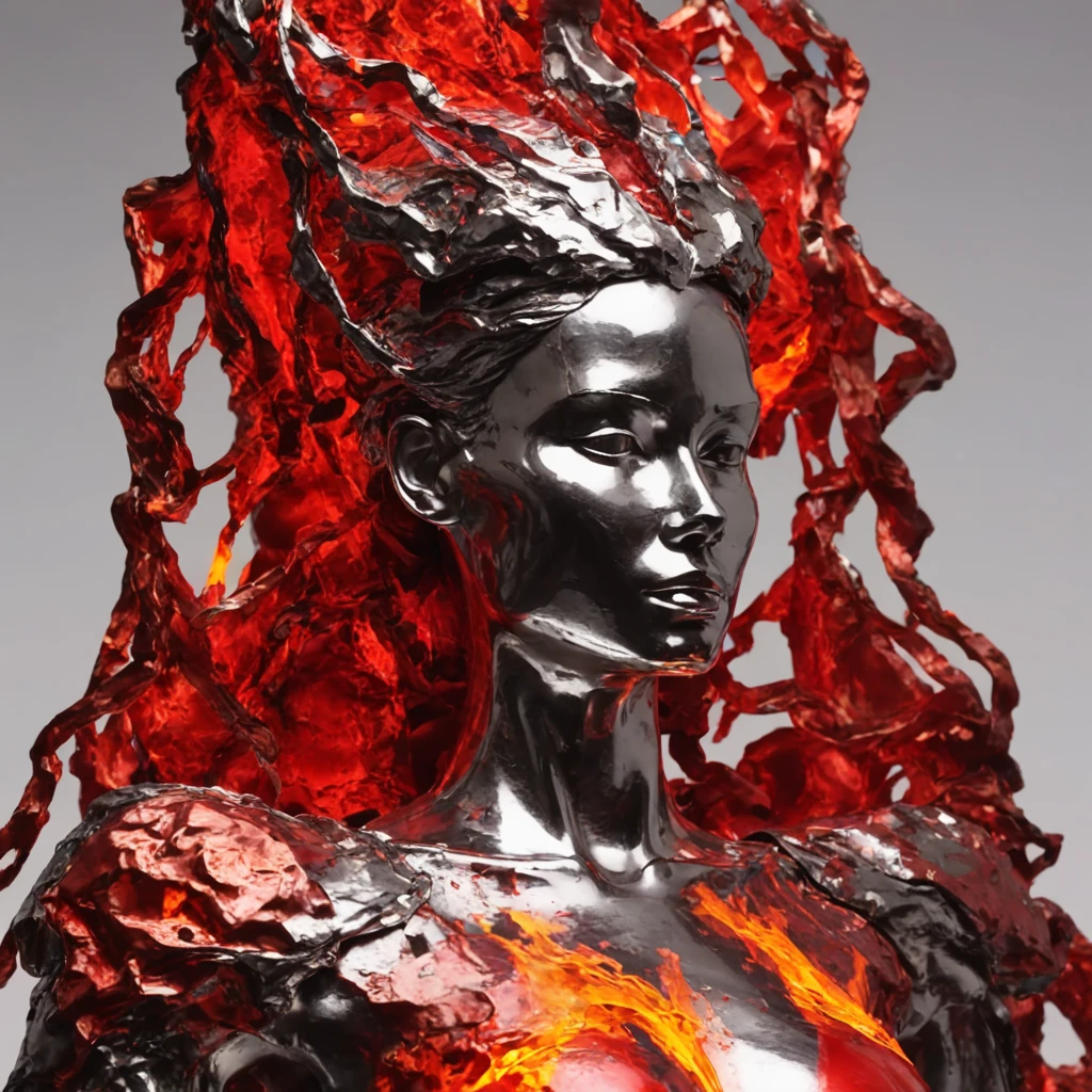 a women face made of hot metal, meting metal, red hot metal,hot iron, melting iron