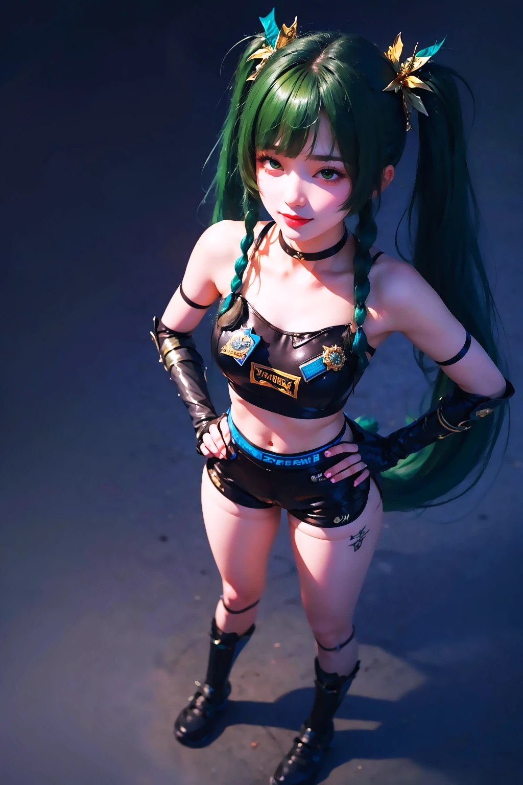 ((masterpiece)), ((ultra-detailed)), high_resolution, imtdqingyizzz, 1girl, very long hair, from above, from behind, top view, full body, looking at viewer, smile, happy, hands on hips, green eyes, green hair, twintails, fingerless gloves, shorts, bangs, twin braid, midriff, choker, elbow gloves, perfect hands, ahg, rolling eyes.
