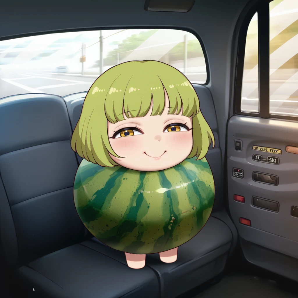 score_9, score_8_up, source_anime, Watamelon, smile, smug, half-closed eyes, no humans, creature, chibi, watermelon, green hair, medium hair, bob cut, yellow eyes, fake taxi, car interior, ground vehicle, <lora:ChamWatamelonPonyXL:1>, <lora:FakeTaxiMeme_XLPD:0.8>