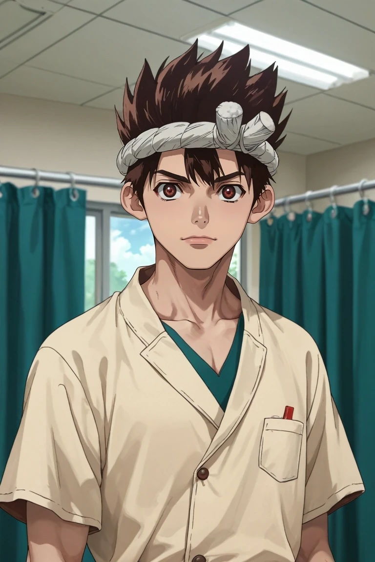 score_9, score_8_up, score_7_up, source_anime, rating_safe, intricate details, , looking at viewer, depth of field, 1boy, solo, male focus, <lora:chrome_dr_stone_pony:0.88>, chrome_dr_stone, brown hair, brown eyes, short hair, spiked hair, headband, panorama, hospital, indoors, light, w arms, sparkling eyes, , <lora:sdxl_lightning_8step_lora:1>