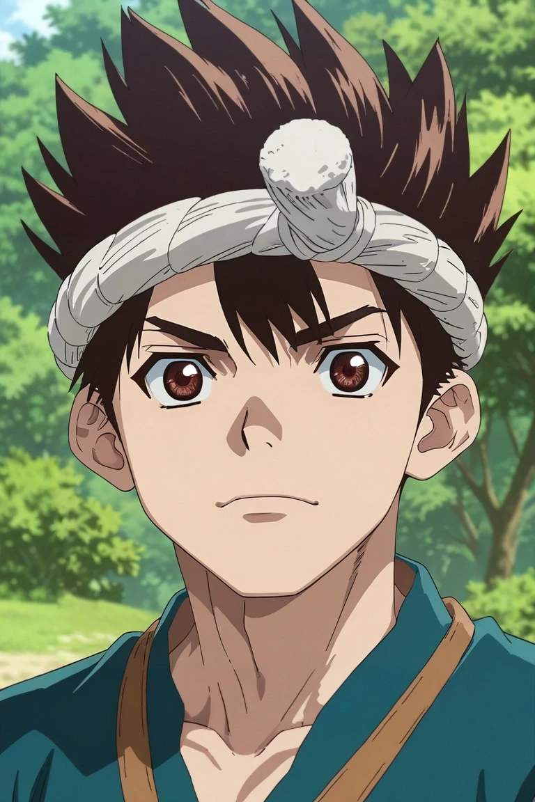 score_9, score_8_up, score_7_up, , rating_safe, , , , depth of field, 1boy, solo, male focus, <lora:chrome_dr_stone_pony:0.86>, chrome_dr_stone, brown hair, brown eyes, short hair, spiked hair, headband, , , <lora:sdxl_lightning_8step_lora:1>