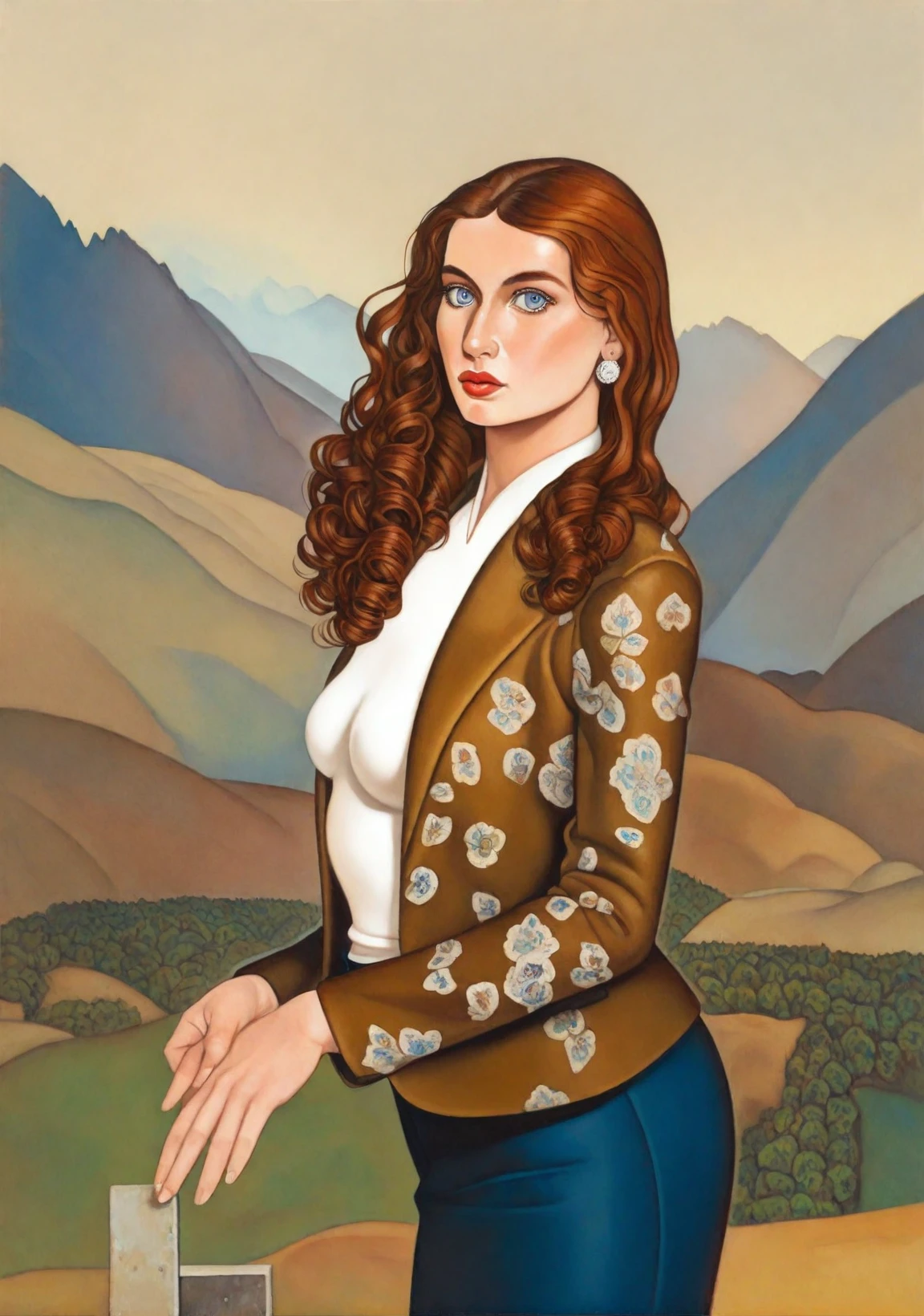 <lora:rita-angus_pony_v1:0.95> ( 'Feelz' by Angus Rita in 1953,
landscape \(genre\),
 abstract art \(style\) :1.1),
tweed blazer with matching skirt or dress pants, gal, tall, athletic, triangular face, fair skin, auburn hair, sapphire eyes, straight nose, thick lips, round chin, long hair, curly hair, low messy bun, soft breasts, stud earrings, terracotta, gloss lipstick, climbing, score_9, score_6_up, score_7_up