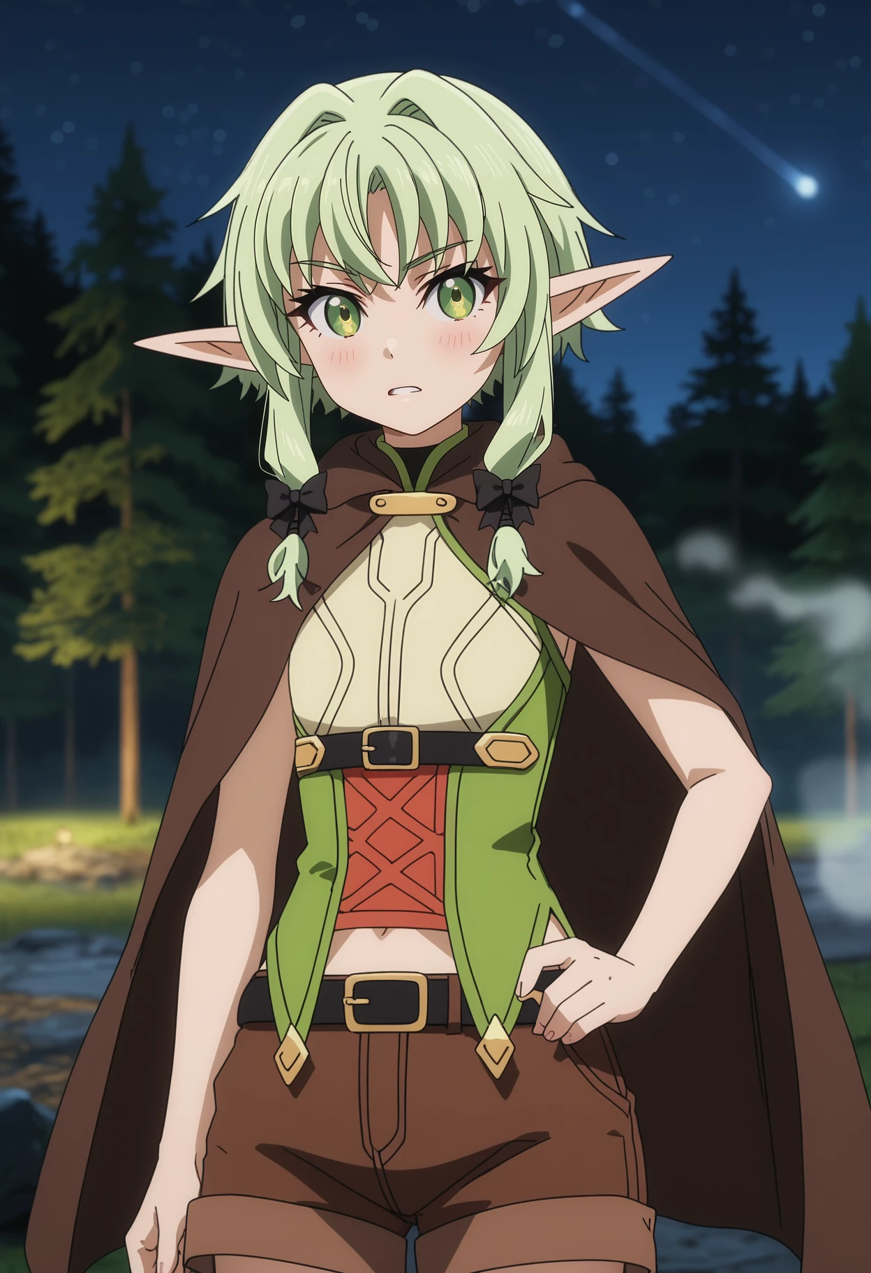 score_7_up, anime screencap,
<lora:GoblinSlayer_HighElfArcherXL:0.9>, HighElfGS,
1girl, solo, parted lips,
short hair, green hair, green eyes, pointy ears, hair bow, black bow,
brown cloak, multicolored dress, sleeveless dress, cross-laced dress, black belt, underbust, brown shorts,
standing, looking at viewer, (cowboy shot:1.2), 
blurry background, night sky, night, forest, fog