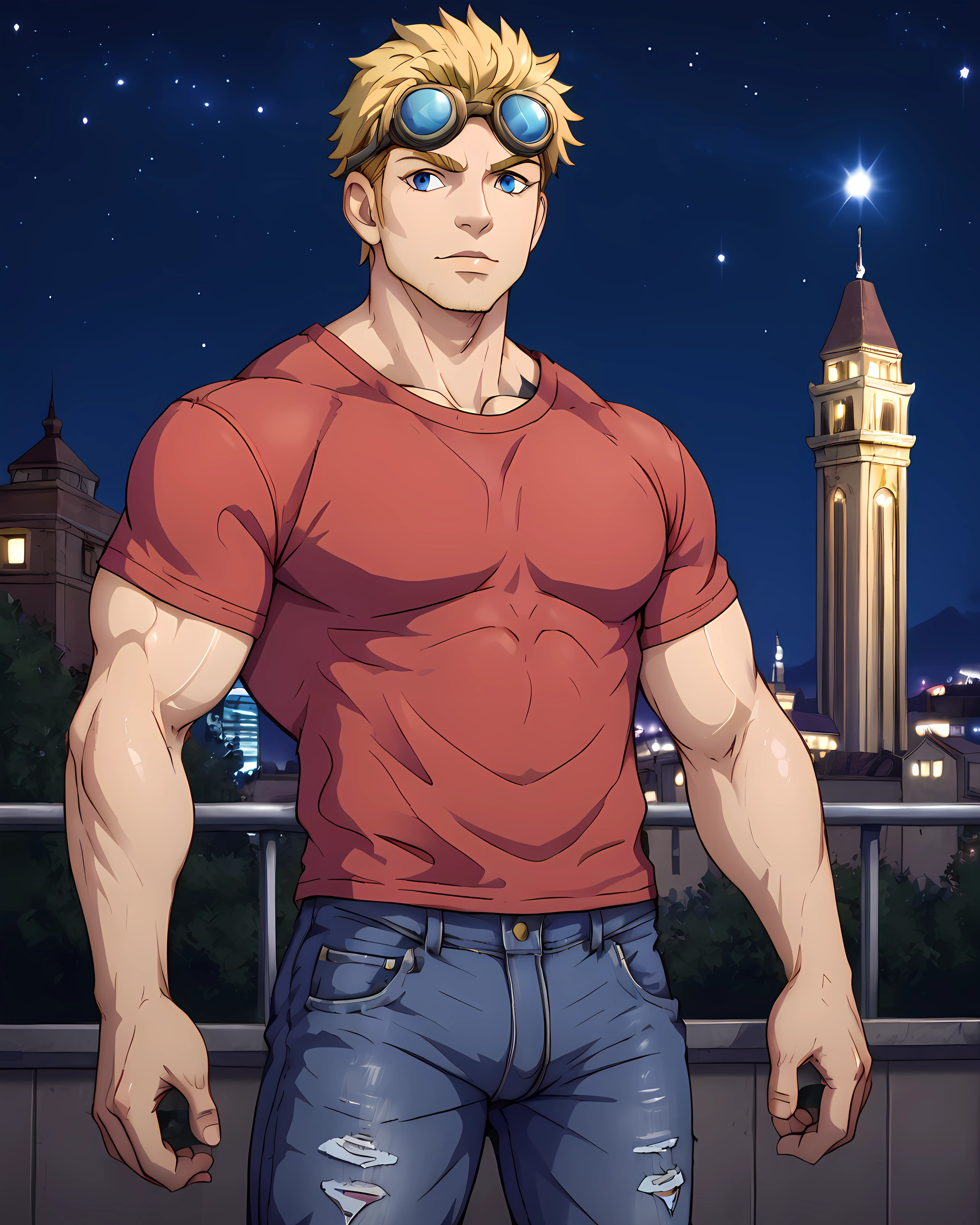 <lora:Damon_Baird_PonyXL:0.85> 1person, cowboy shot, damon_baird, goggles, blonde hair, t-shirt, night, skyline, standing, starry night, jeans, (muscular:1.4), outdoor