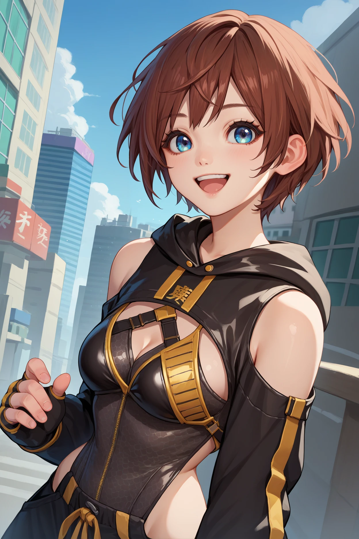 score_9, score_8_up, score_7_up, score_6_up, source_anime, 1girl, solo  <lora:sblily-pdxl-nvwls-v1-000005:1> sblily, brown hair, short hair, blue eyes, leotard, cleavage, black sleeves, hood down, bare shoulders, long sleeves, black pants, fingerless gloves, happy, looking at you, medium breasts, city, blue sky, upper body