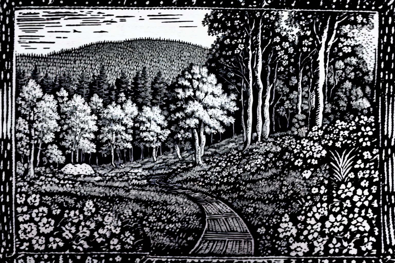 (((woodcut, monochrome))), masterpiece, ultra-detailed, best quality, illustration, 8k cg wallpaper, an extremely delicate and beautiful, stunning landscape, forest, trees, bushes, flowers, grass, intricately detailed items in background, <lora:WEE:1>