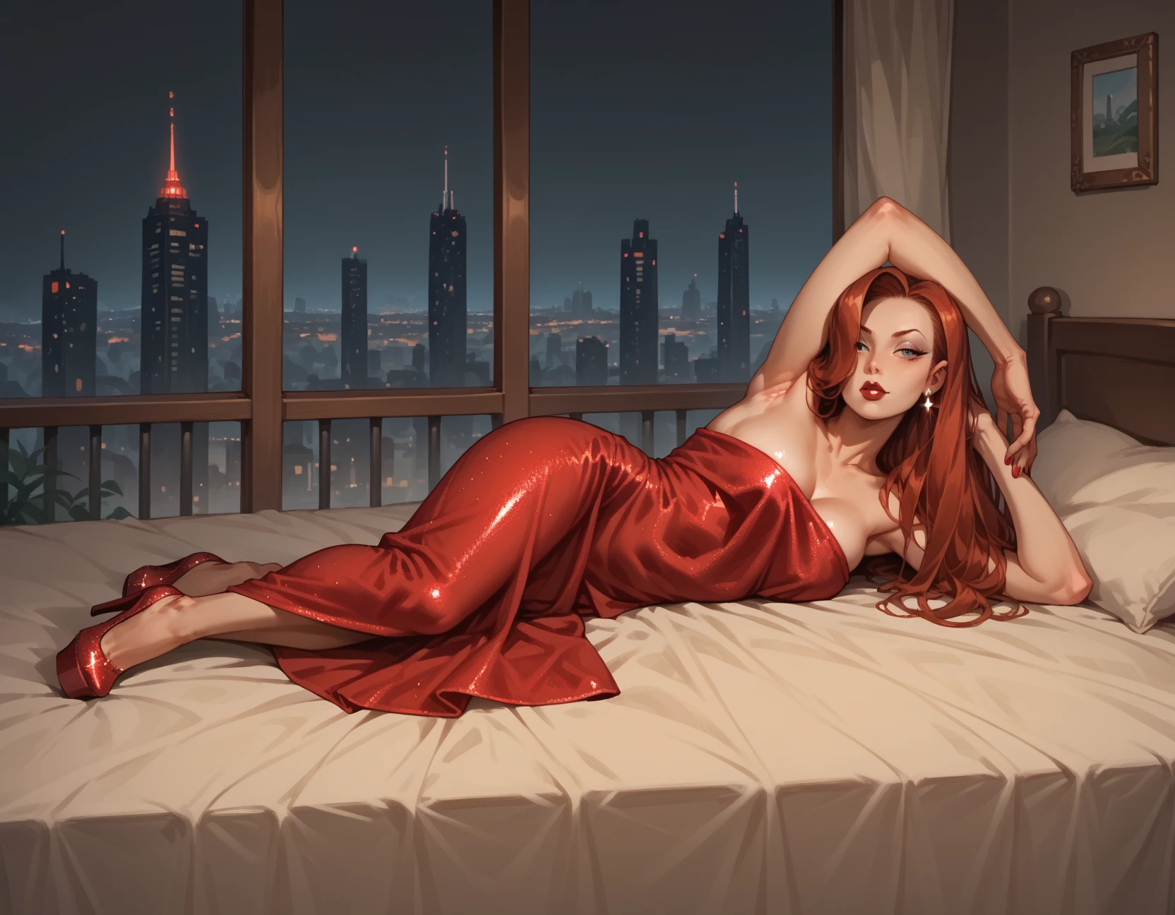 score_9, score_8_up, score_7_up, score_6_up, score_5_up, score_4_up,  1girl, solo, jessica rabbit, hud_pr0ppedup, arms up, full body, lying, on side, tight red sparkle gown, platform high heels, <lora:hud_pr0ppedup_XLP:0.8>, bed, window, cityscape