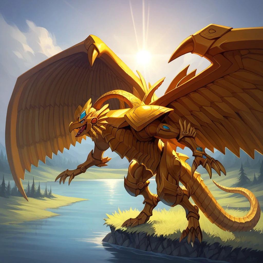 score_9, score_8_up, score_7, BREAK, dragon_ra, wings, claws, tail, duel monster, lake, on grass, sunlight, natural lighting