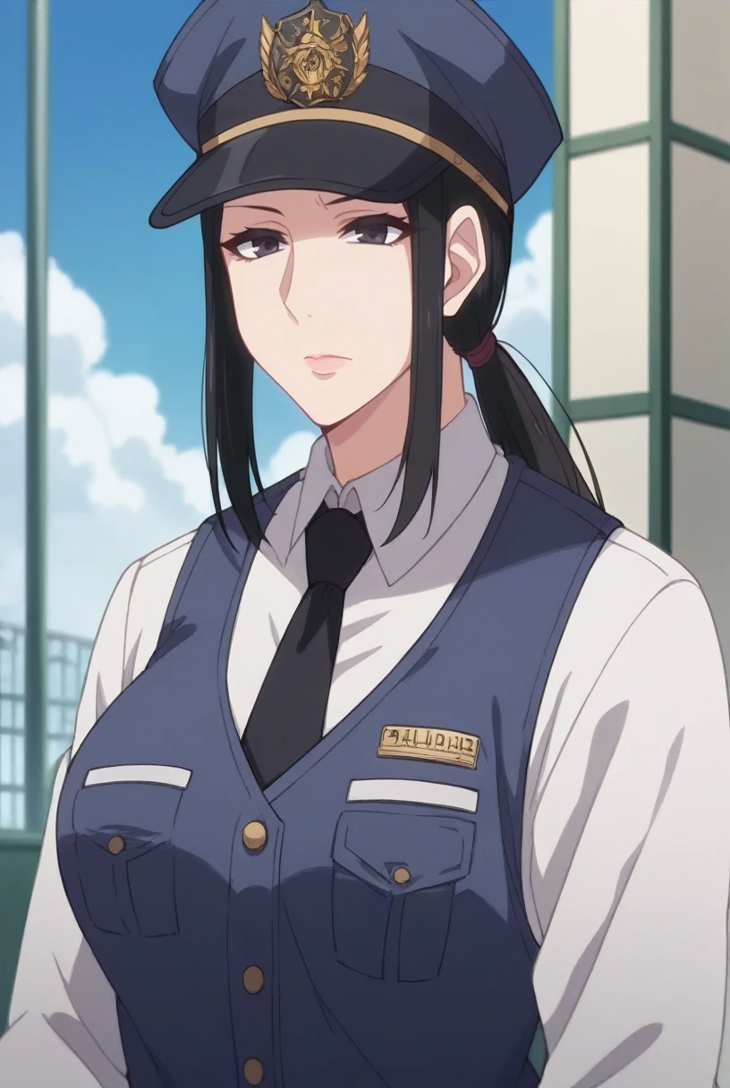 <lora:Hachishakusama-10:1> Hachishaku, taxiuntenshu, 1girl, solo, hat, necktie, black hair, uniform, long hair, ponytail, black eyes, vest, police, large breasts, 16k, masterpiece, absurdes, highly detailed, highres, high quality, best quality, score_9, score_8_up, score_7_up, score_6_up, anime_source, source_anime, anime screencap, anime colouring,